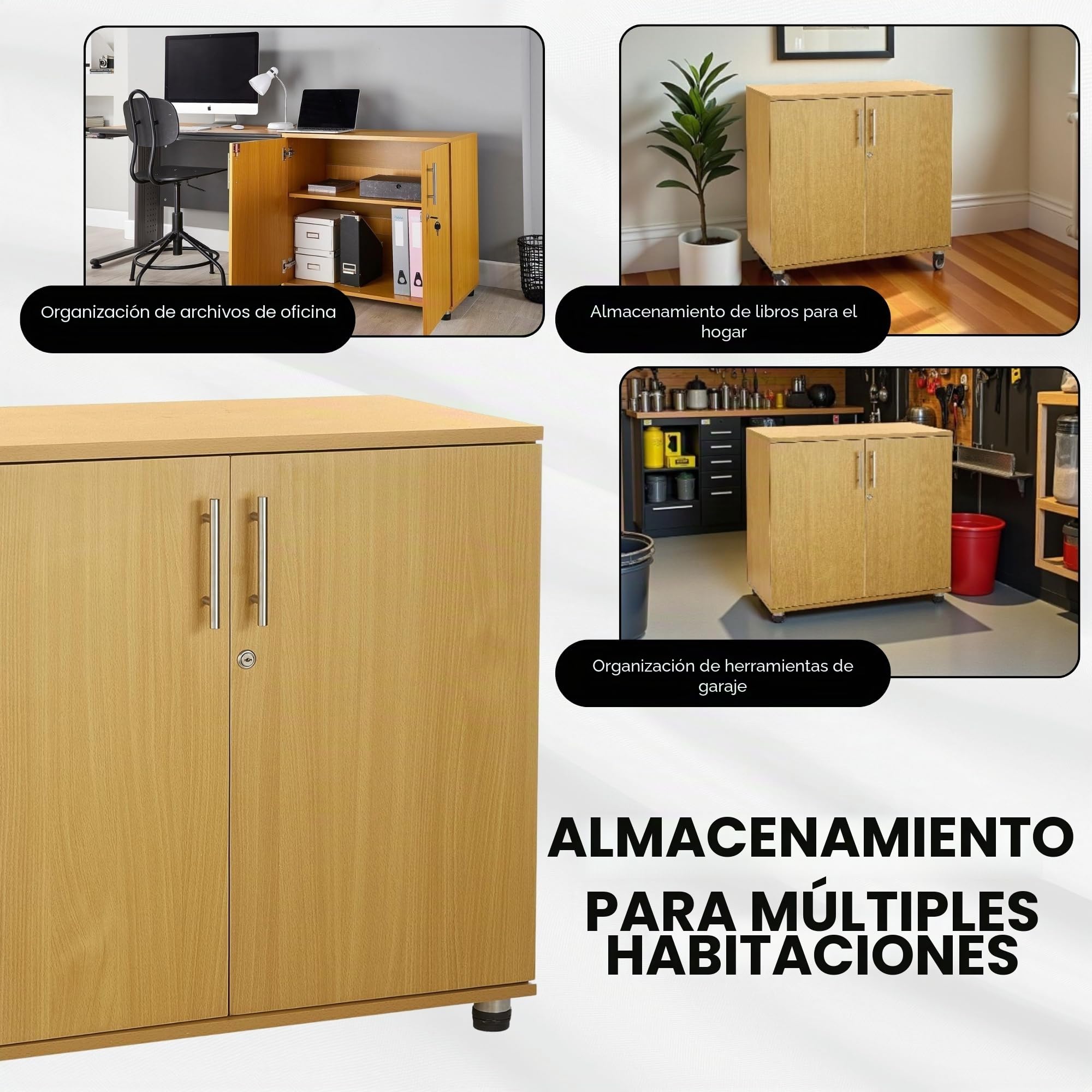 Armario de almacenamiento de oficina de haya, altura de escritorio, estantería de 2 puertas con cerradura, altura de extensión de escritorio de 75 cm