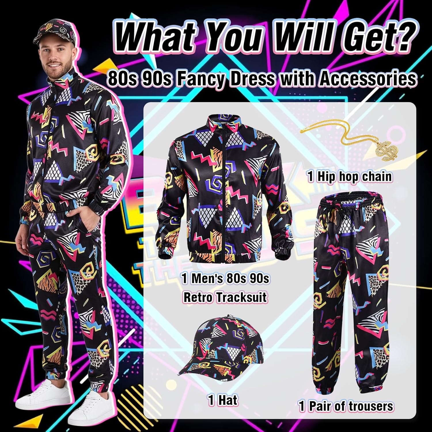Retro 80s 90s Fancy Dress Outfit Sets, Hip Hop Outfit Tracksuit Streetwear for Adults, 80s Fancy Dress Set - Image 4