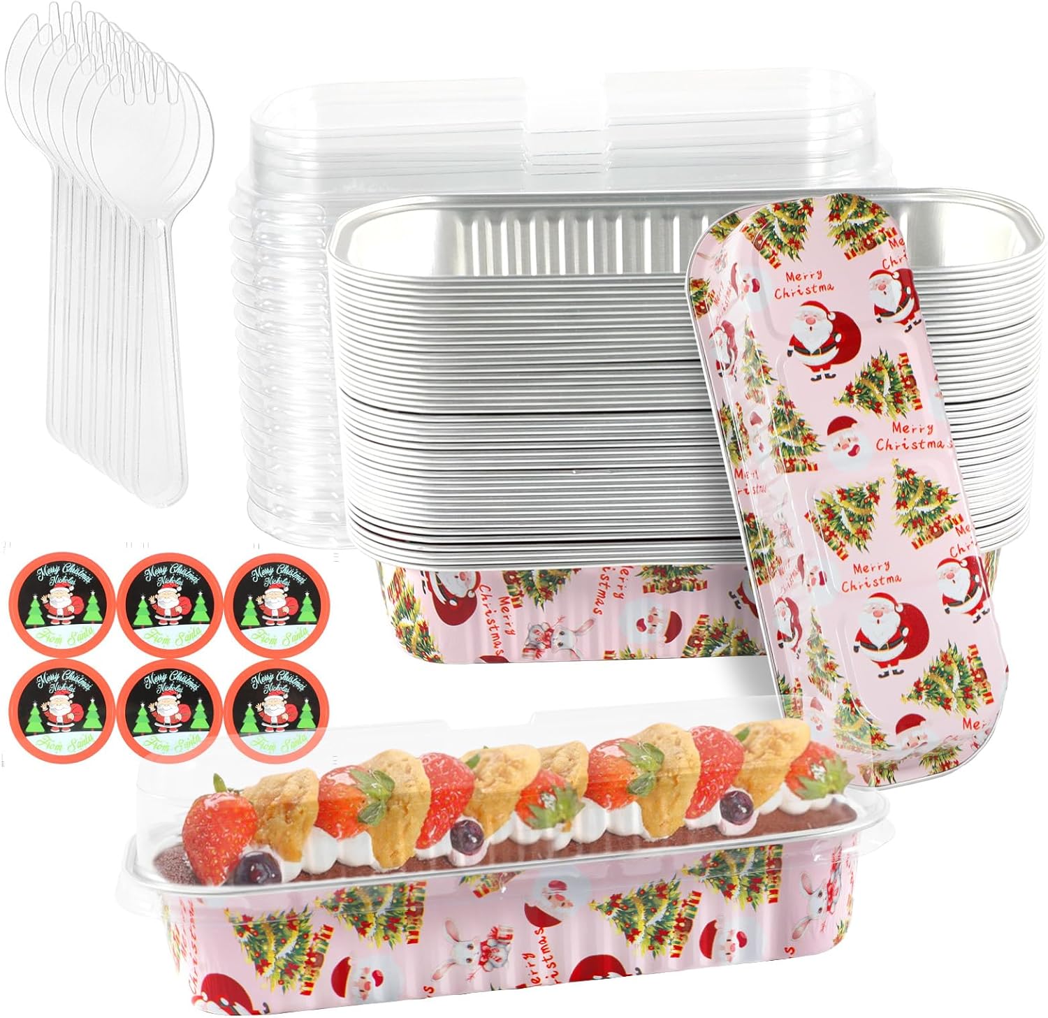100Pack Pink Christmas Mini Loaf Pans with Lids Mini Cake Pans with Lids and Spoons, 6.8Oz Fancy Muffin Pans Aluminum Foil Tins, Individual Dessert Cups Containers for Sales,Party,Picnics