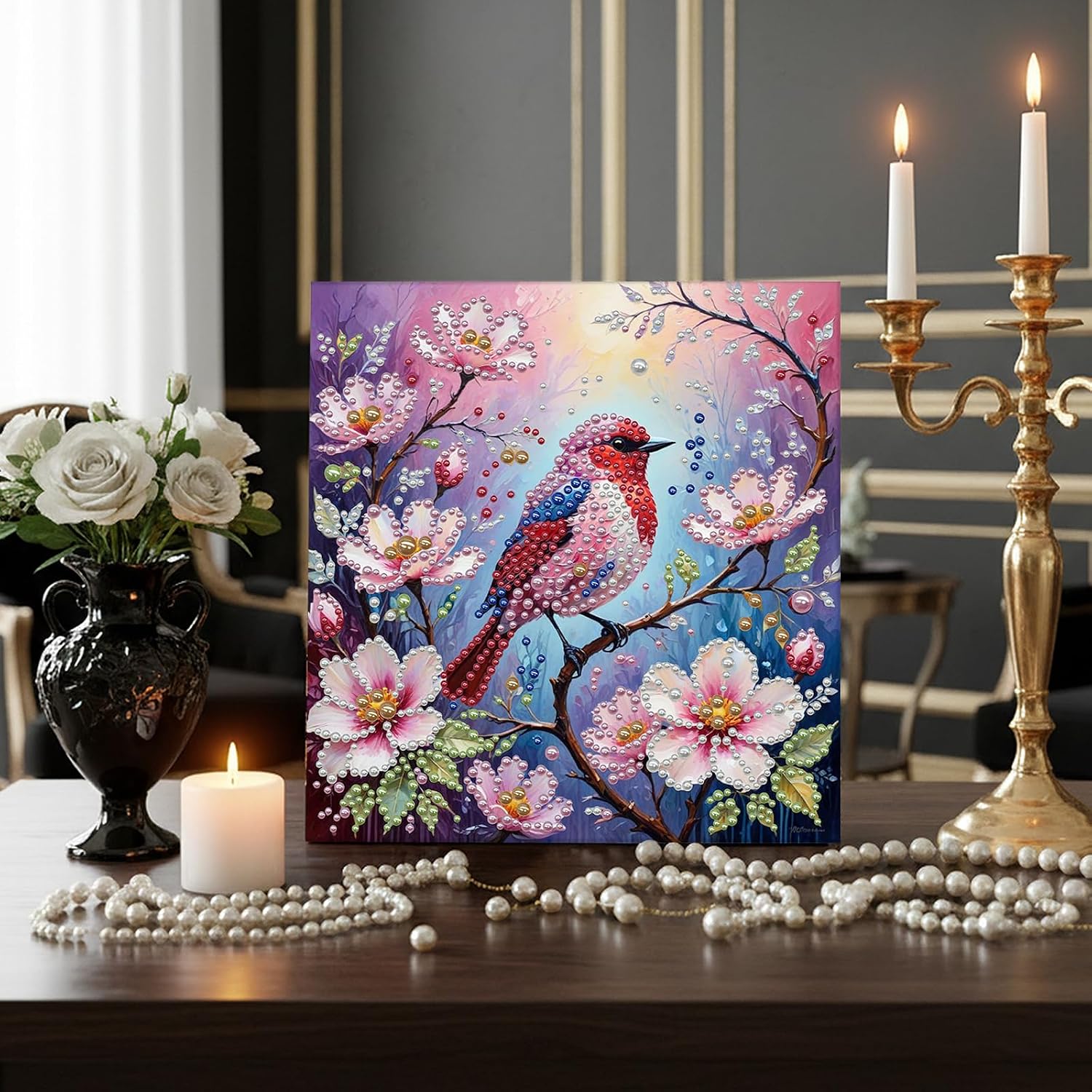 POETRYDRAW DIY Diamond Pearl Painting Kit for Adults Flower Sparrow, Beginner Friendly Craft Kits with Frame 30x30cm, Home Decor Housewarming Gift, Diamond Dots Beads Canvas Art for Wall Decor