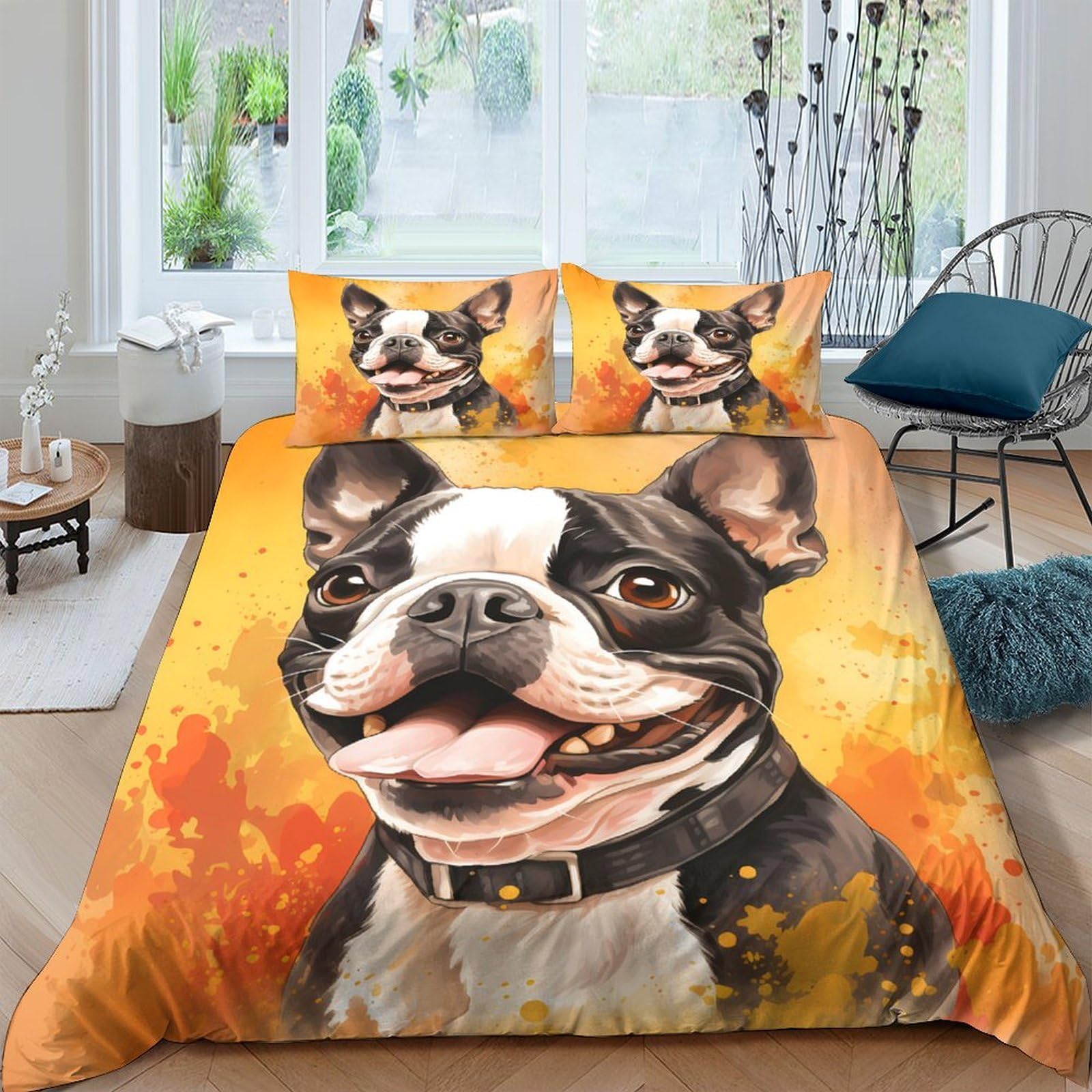 Ctjqhvkz Style-1 3D Printed Boston Terrier Dog Fitted Sheet Microfiber Yellow Art Mattress Cover For Bedroom Home Decor Single（135X200cm）