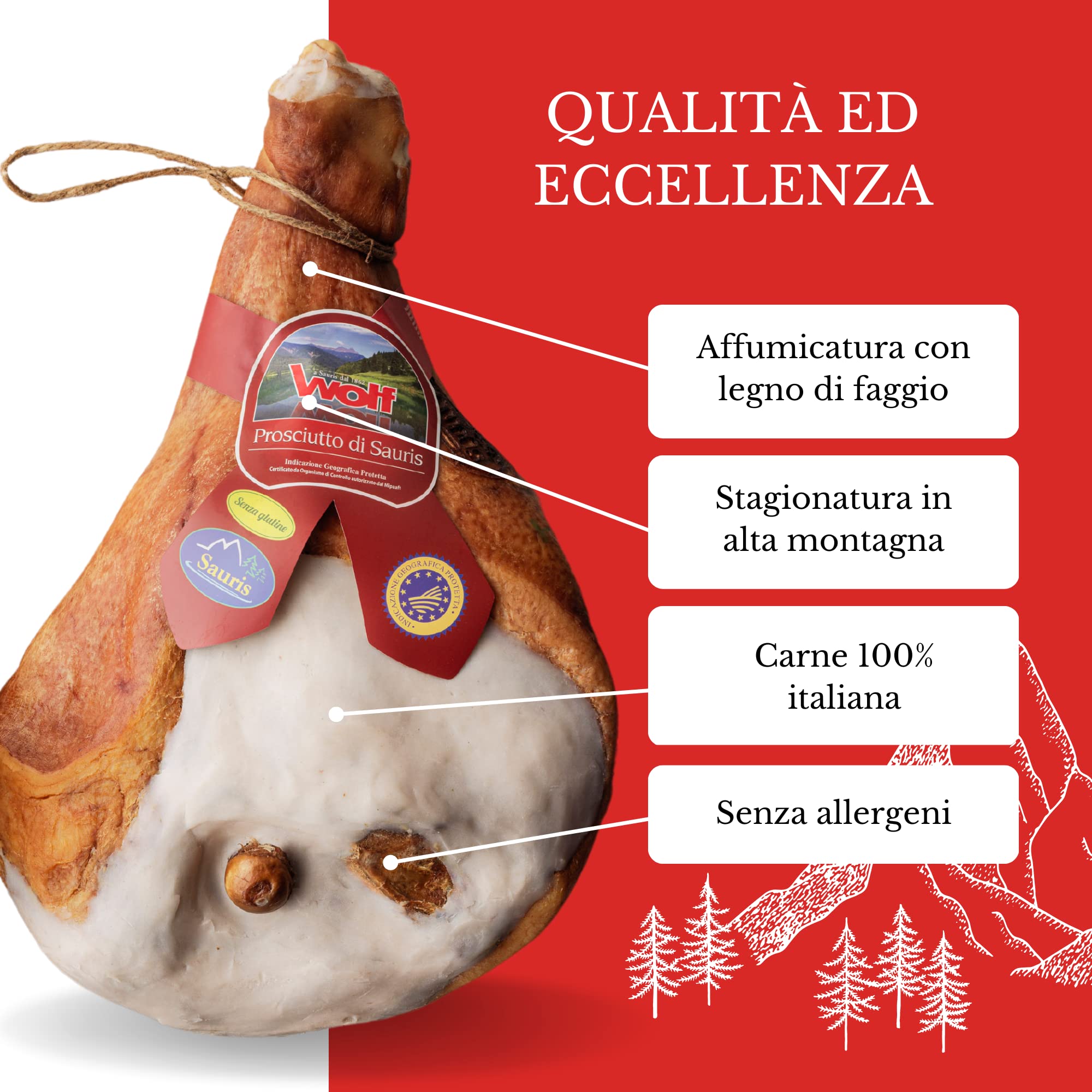 Wolf, Prosciutto di Sauris IGP, Trancio, Prodotto con Tradizionale Tecnica di Affumicatura, Carne 100% Italiana, Leggera Stagionatura, Senza Glutine, 1,5 kg (min. netto garantito)