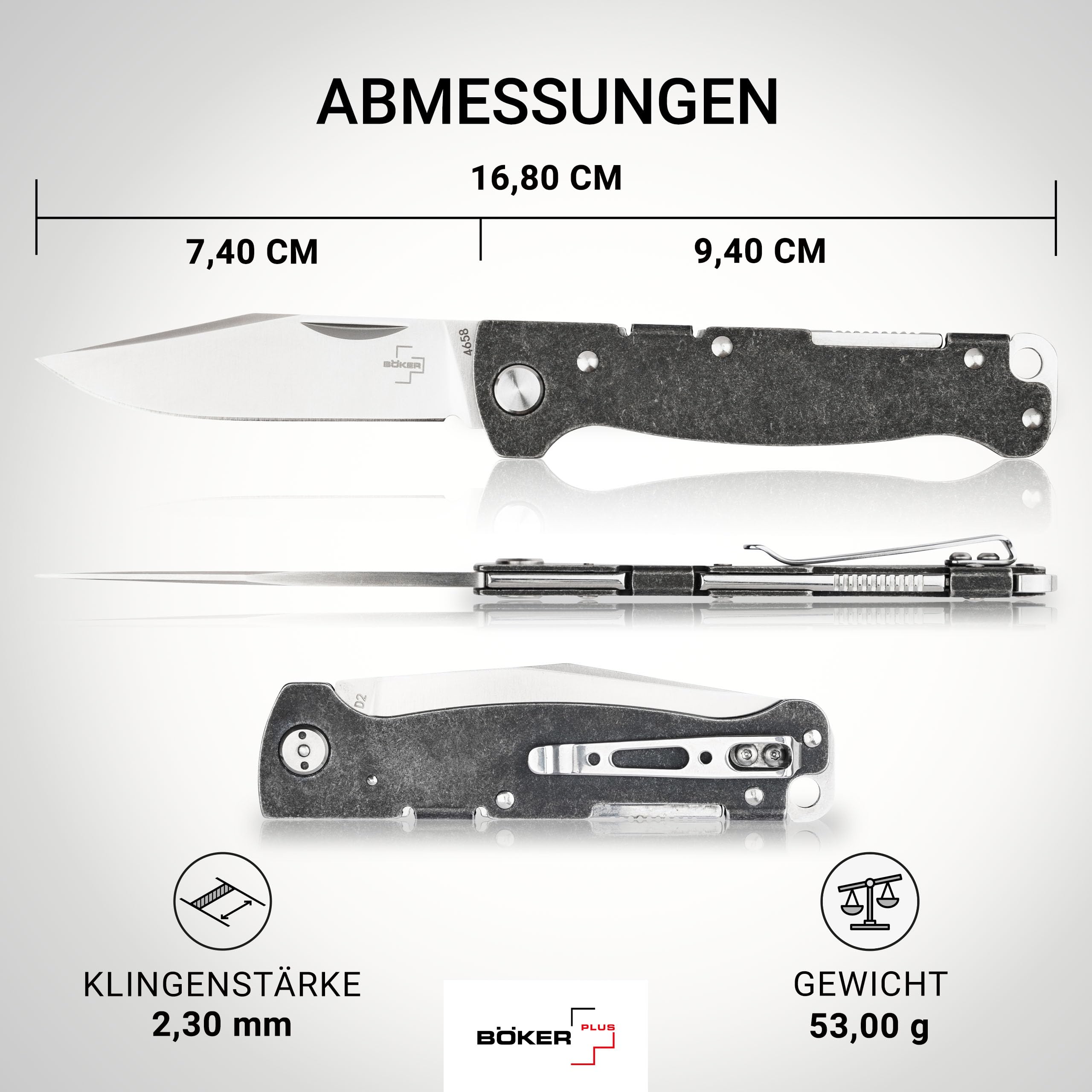 Böker Plus Atlas Backlock Clippoint Taschenmesser - Vollmetall Klappmesser mit 7,4 cm D2 Klinge, Edelstahlgriff EDC