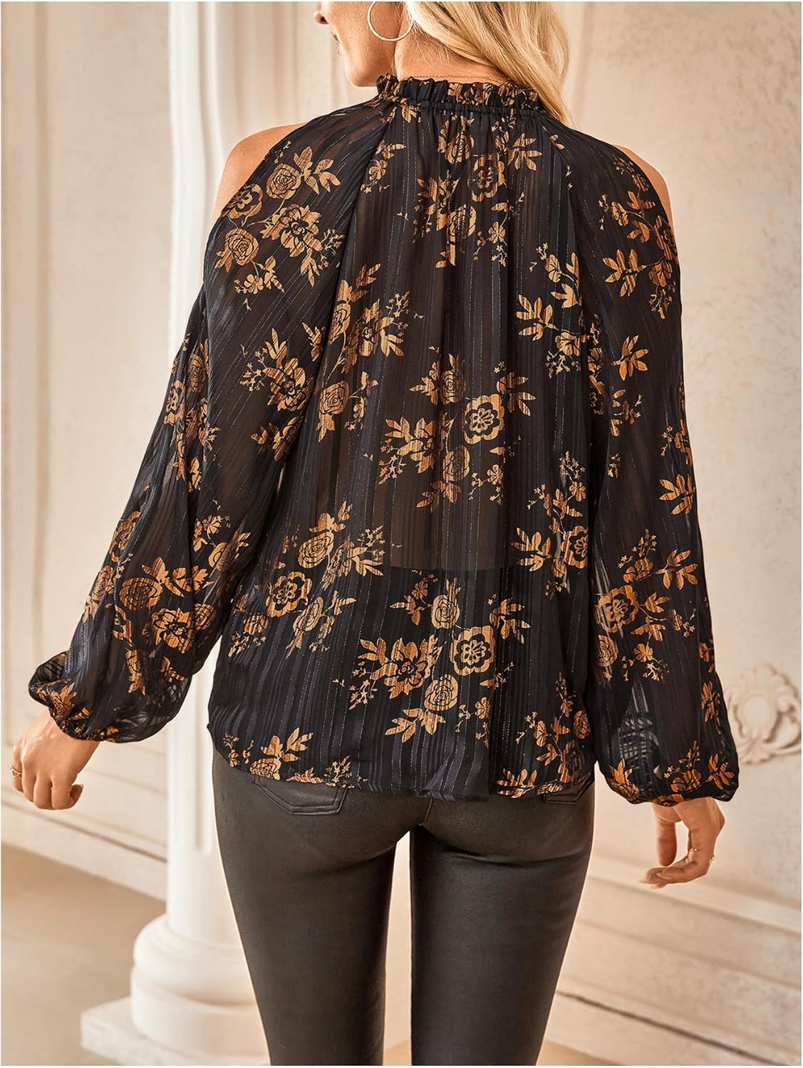 SOLY HUX Women's Floral Mesh Blouse Cold Shoulder Mock Neck Bishop Long Sleeve Tops Black and Gold Floral Large - Image 2