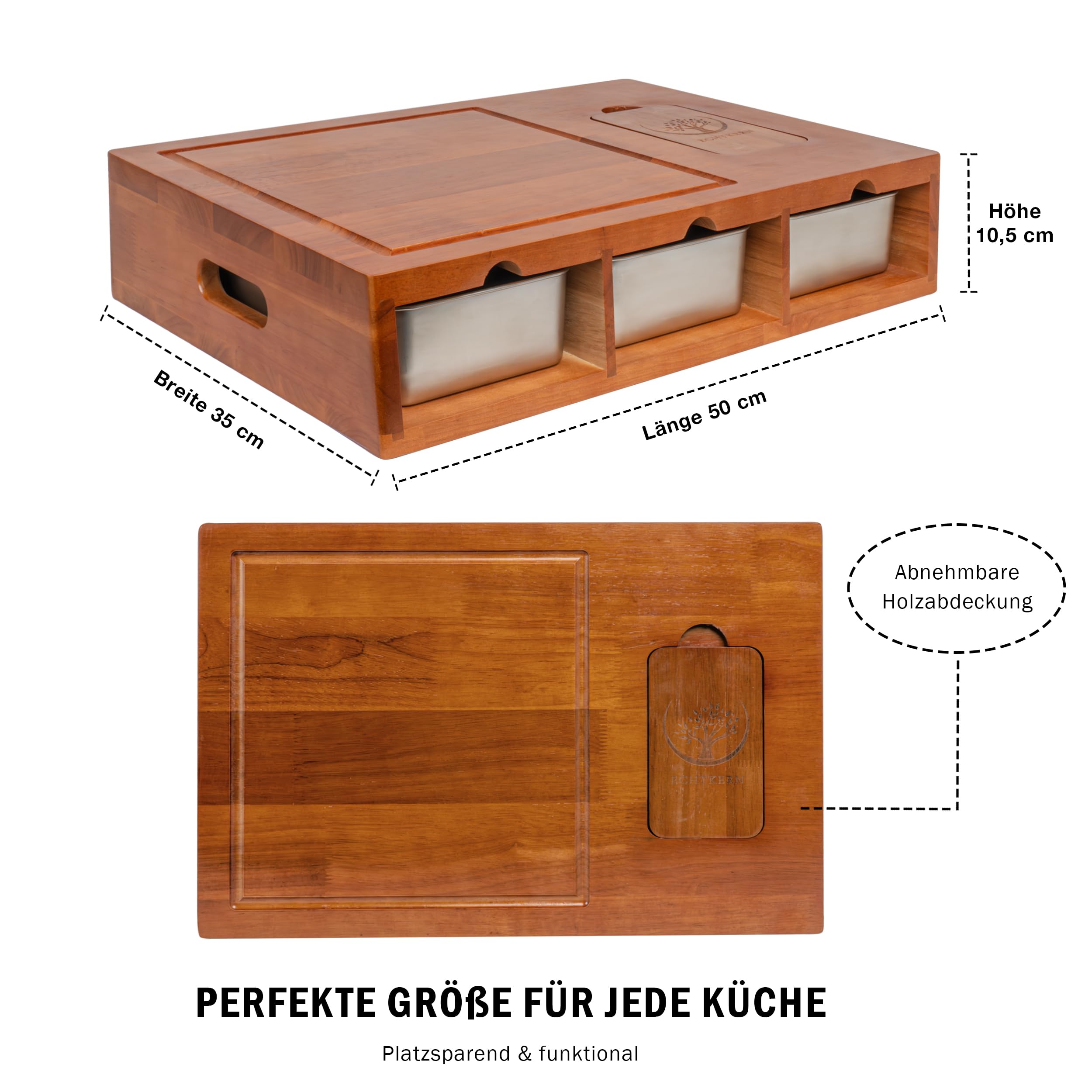 Premium XXL Küchenstation Schneidebrett mit Auffangschalen aus Kautschukholz 50x35 cm - Messerschonendes Holzbrett - Schneidebrett-Set mit 4 Edelstahl-Reiben