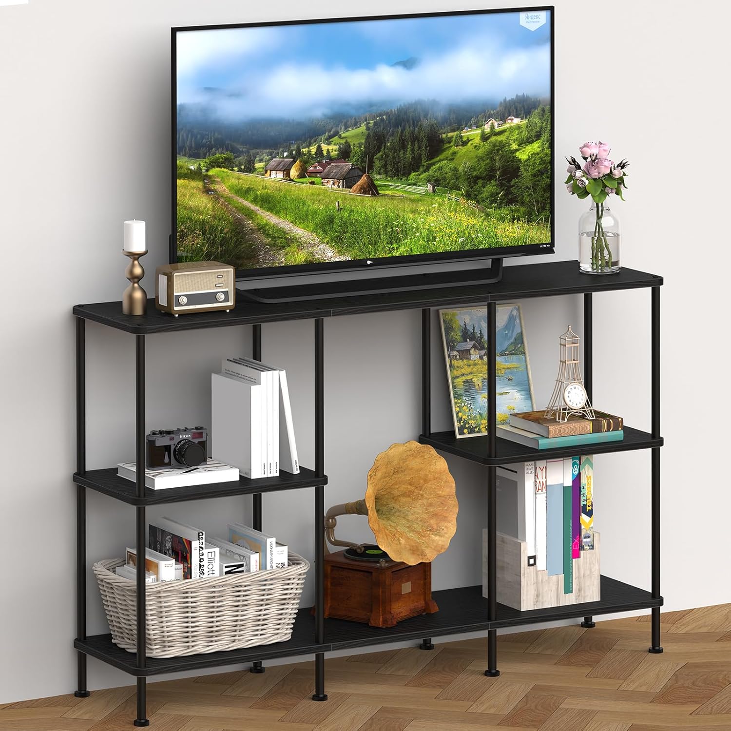 ETELI Tall Black TV Stand with Storage Small Entertainment Center for 50 Inch TV Console Table Media Stand 3 Tier Television Stands for Living Room and Bedroom