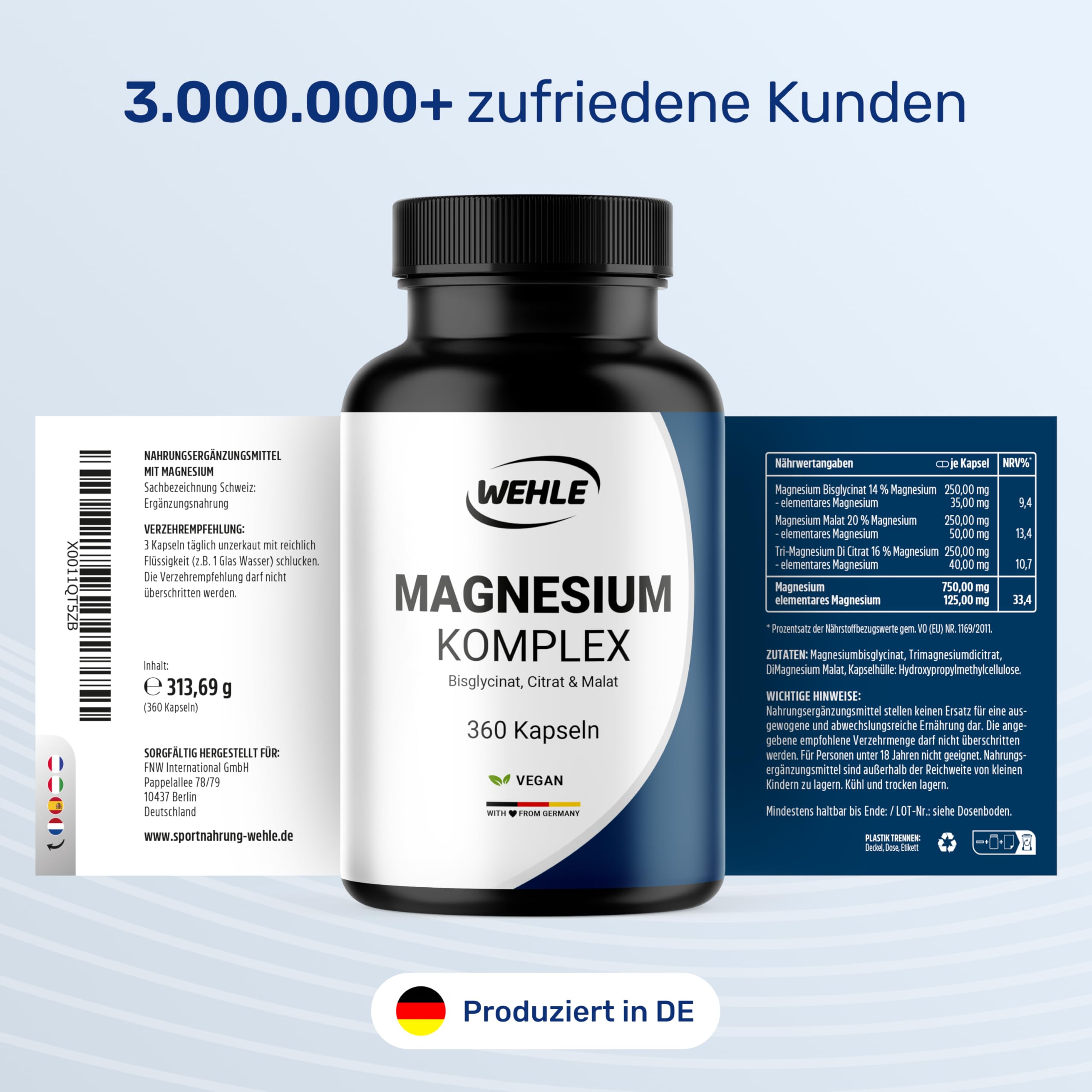Magnesium hochdosiert 2250 mg Magnesium pro Tagesdosis - 3-Fach Komplex mit: Magnesiumbisglycinat, Magnesiumcitrat Magnesiummalat, hochdosiert, vegan (360 Kapseln) - Verpackung kann variieren