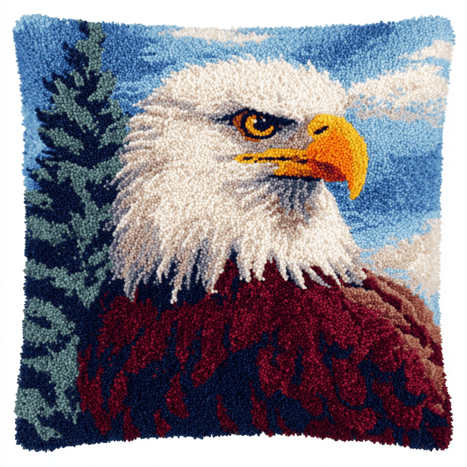 XDEGHUANGSS Latch Hook Cushion Kit,Bald Eagle Pattern DIY Pillow Cover,Beginner Friendly Tufting Yarn Craft Kit,Handmade Sofa Cushion Cover,Latch Hook Pillow Kit for Home Decor & Gift,43x43 cm