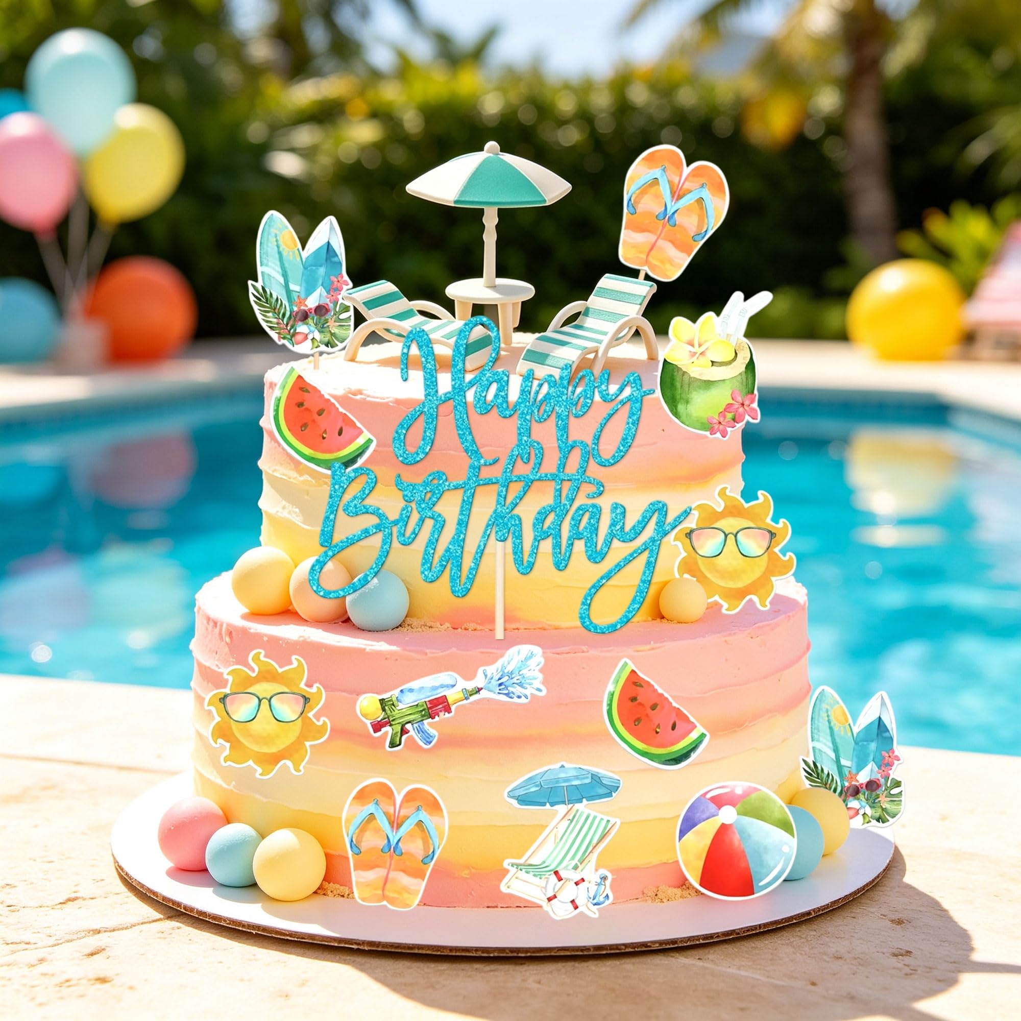 Summer Beach Coastal Birthday Cake Decoration Pool Party Cake Topper