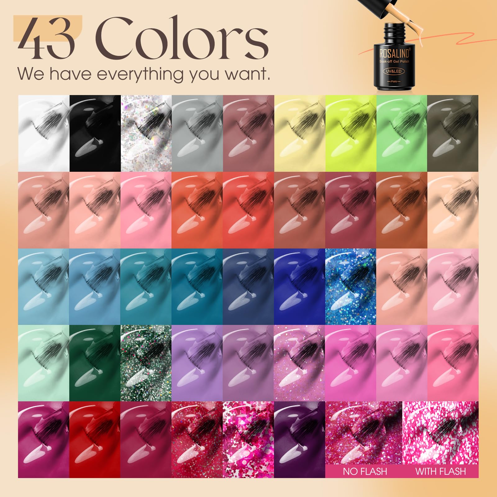 ROSALIND Kit Uñas Semipermanentes, 48W Lampara uñas semipermanentes, 43 Colores Kit Pintauñas Gel Completo UV Blanco Gris Negro Amarillo Glitter Esmaltes Permanentes Manucira