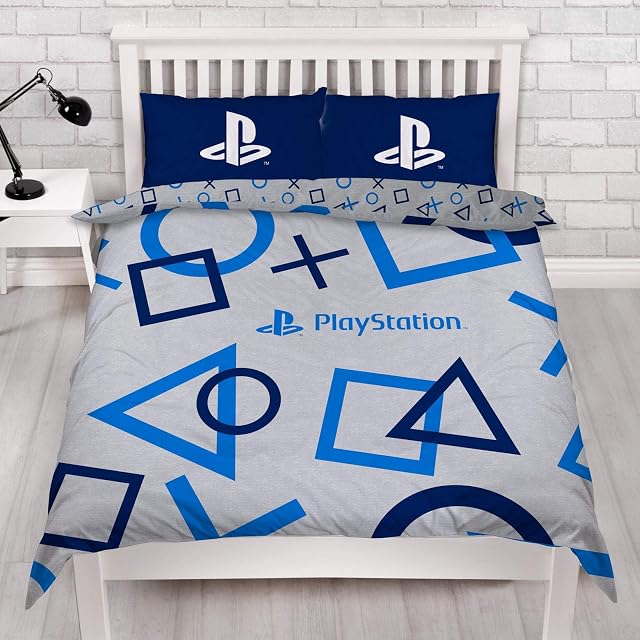PlayStation Character World Blue Double Duvet Cover Officially Licensed Sony Reversible Two Sided Gaming Bedding Design with Matching Pillowcase, Polycotton, Blue, PYSBLEDD001UK2