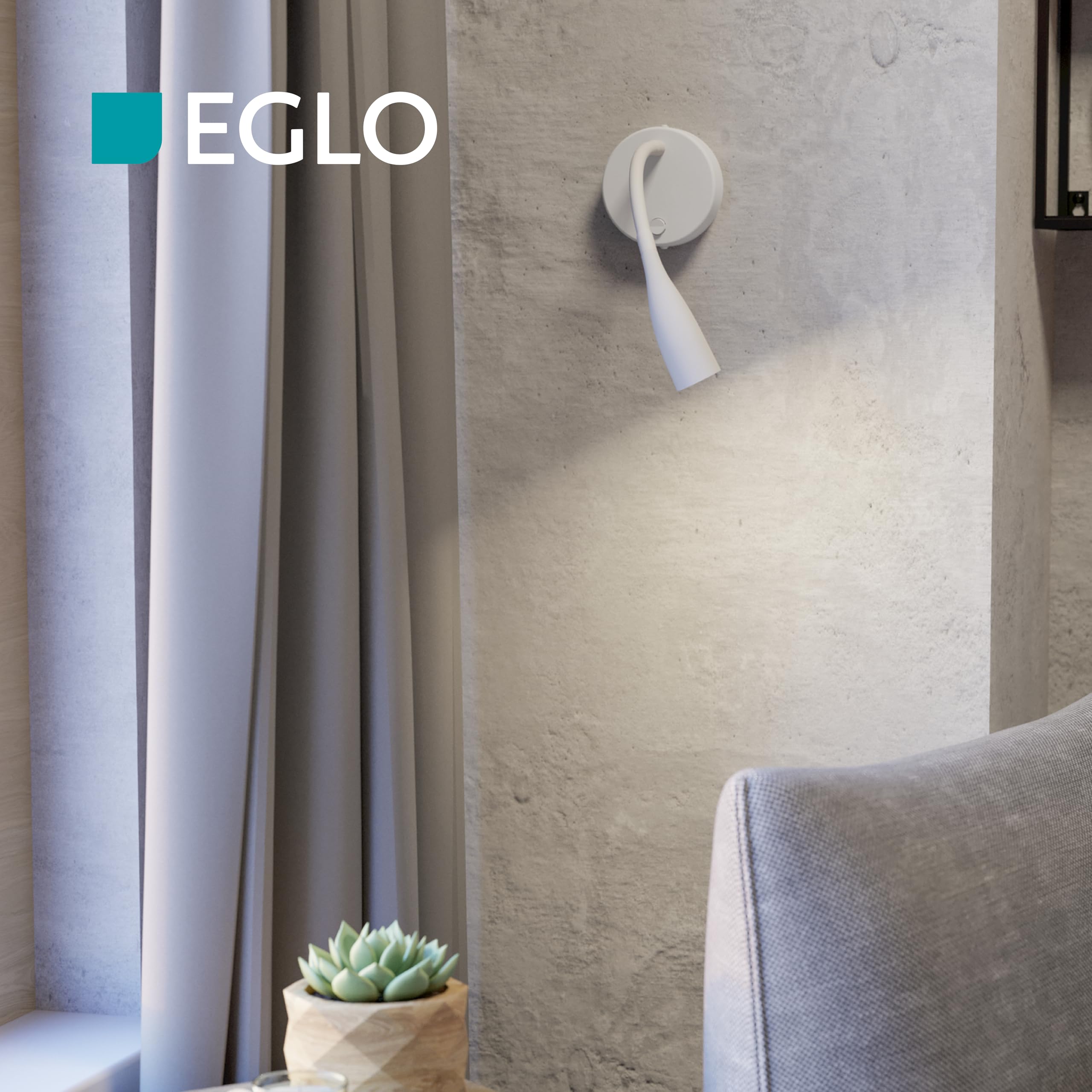 Eglo Lampada da parete a LED Olivandino, a collo di cigno, luce da lettura a muro, per camera da letto, con interruttore, in metallo e plastica bianca, colore luce: bianco caldo