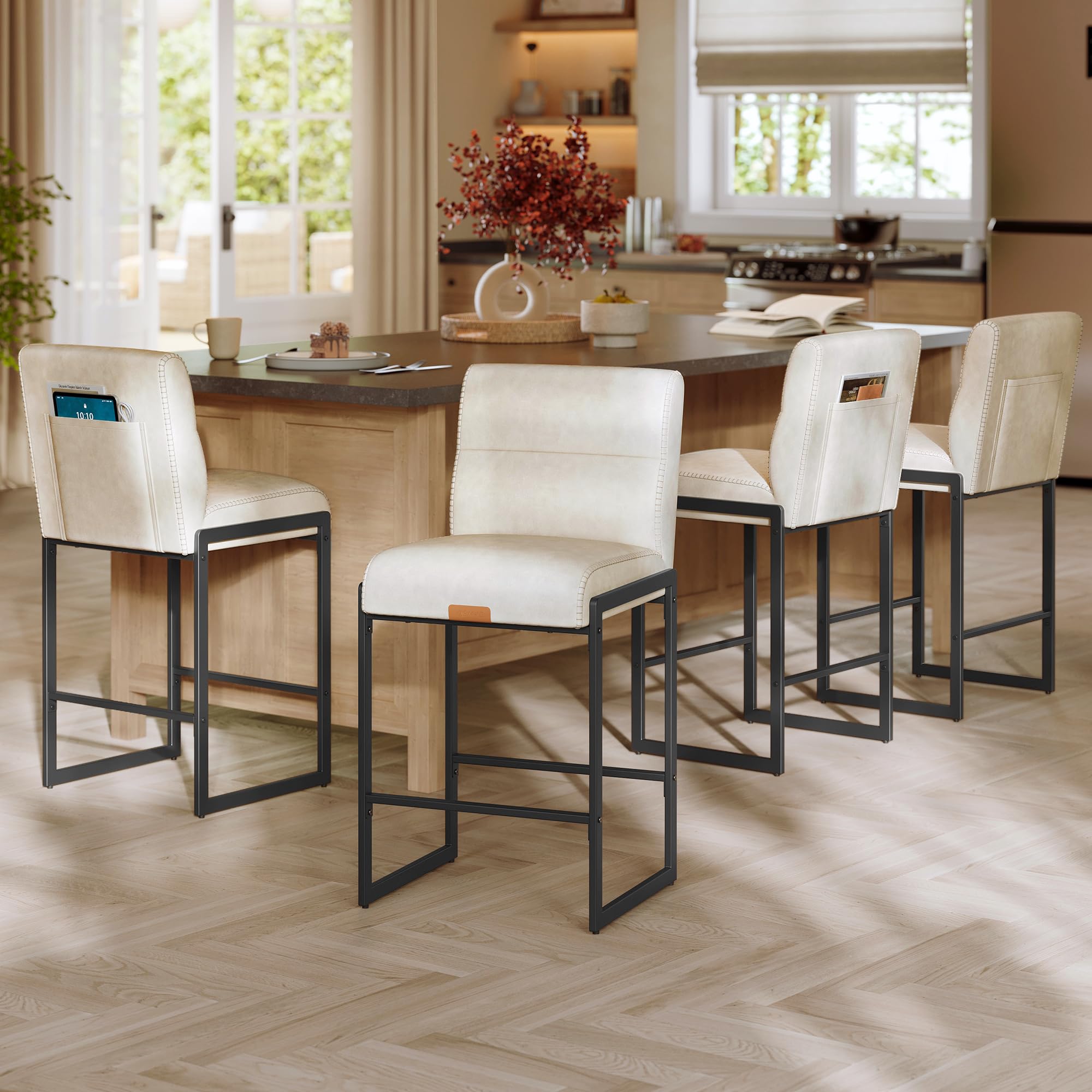 Photo 1 of [SET OF 1] [PARTIAL SET] VASAGLE EKHO Collection - Bar Stools Set of 4, Counter Height Stools with Backs, 26.4-Inch Barstools Chairs, Synthetic Leather with Stitching, Mid-Century Modern, Dining Kitchen Island, Cream White