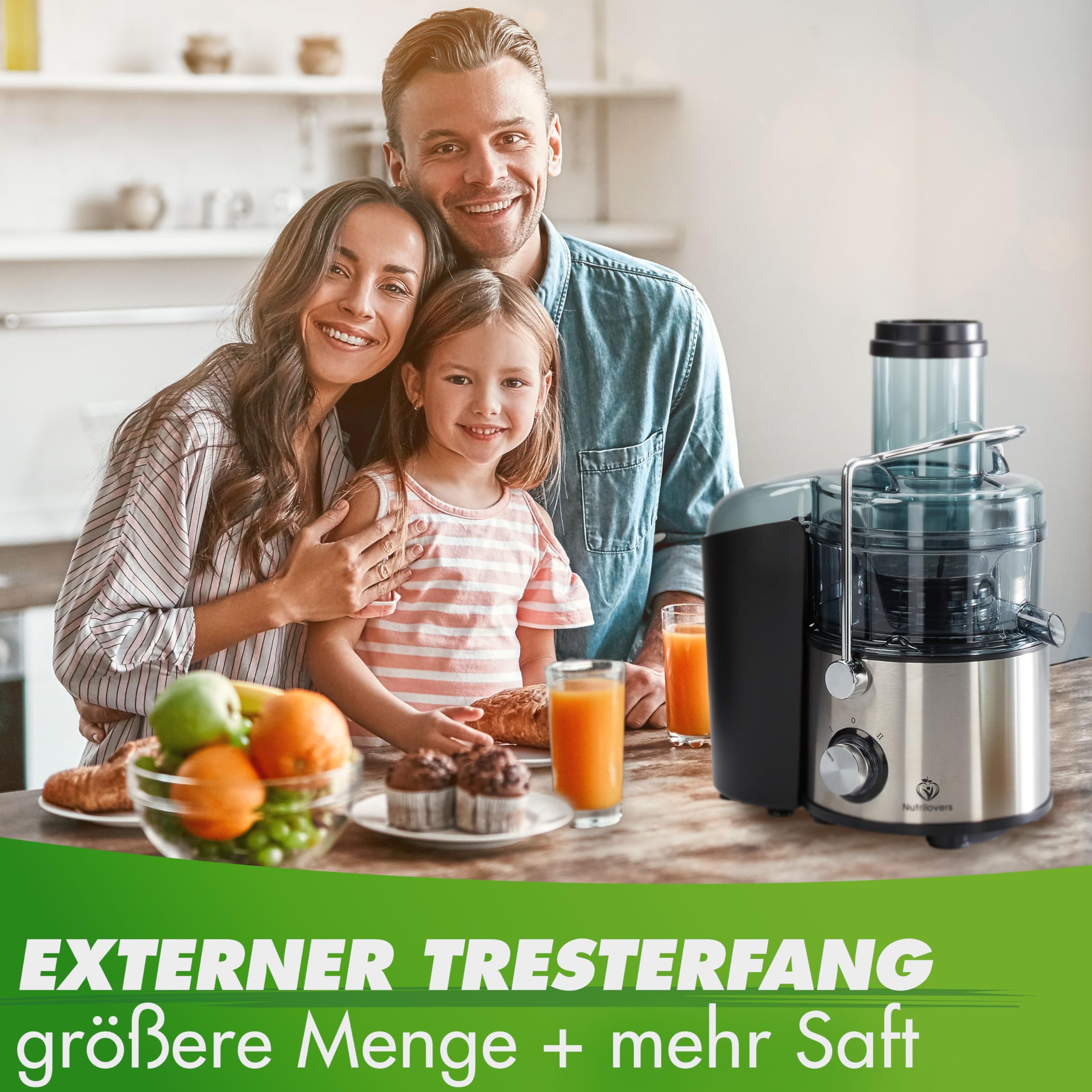 Nutrilovers QUICK-JUICER MAX sokowirówka do owoców i warzyw, otwór wsypowy XXL, sitko ze stali nierdzewnej, zewnętrzny pojemnik na wytłoczyny, 800 W, w zestawie bez BPA, w zestawie butelka na napoje +