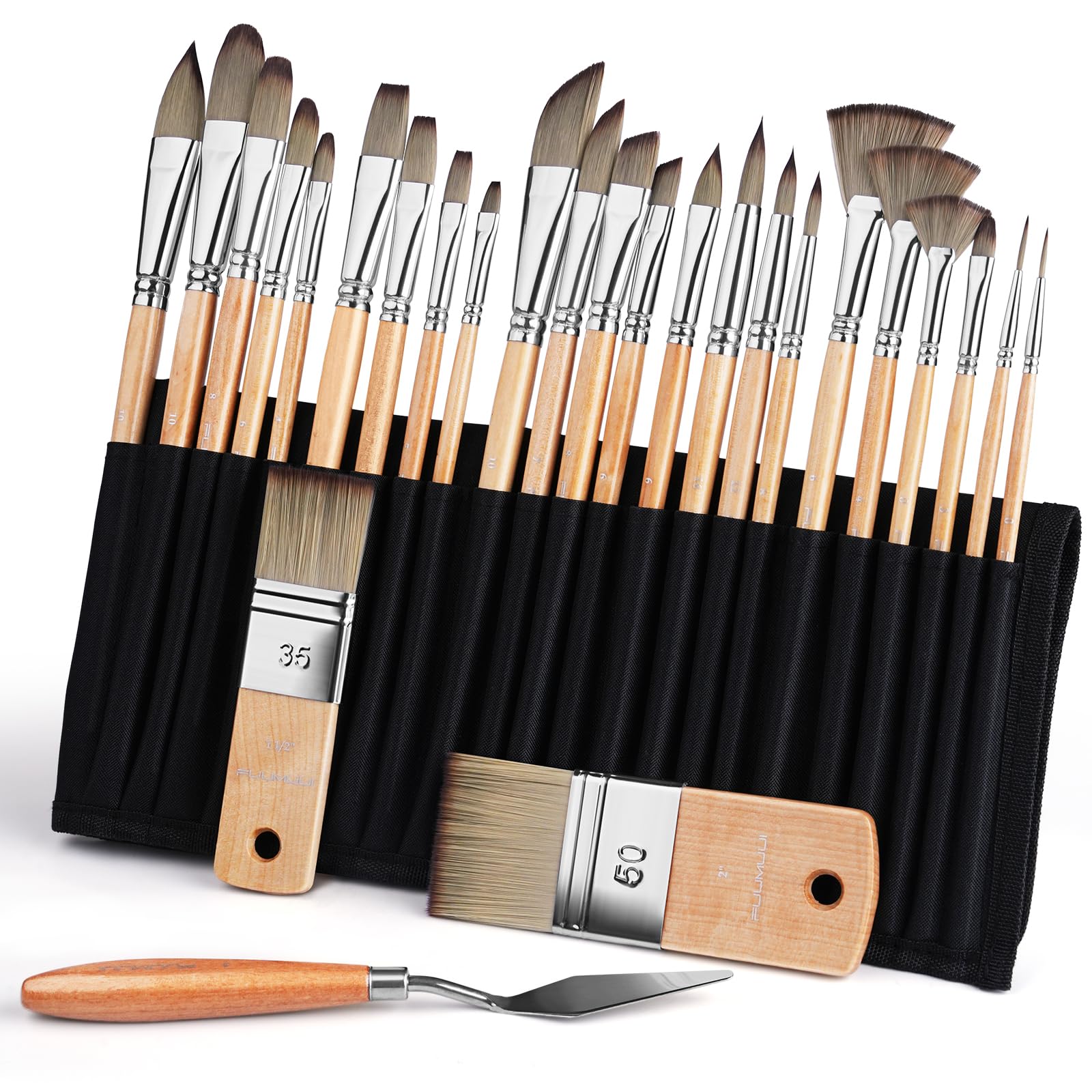 Fuumuui Set di 26 pennelli professionali per pittura acrilica, gamma completa di dimensioni con manico corto e largo piatto e spatola per acrilico, olio, acquerello, guazzo