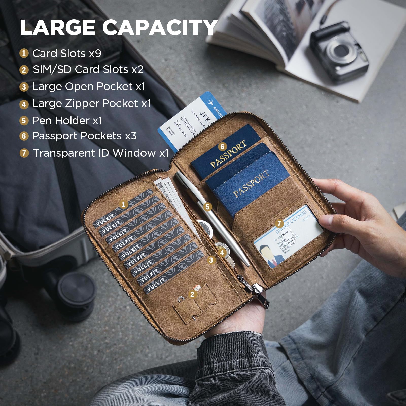 VULKIT Funda Pasaporte Familiar para 3-4 Pasaportes Protección RFID Portadocumentos Viaje Mujer & Hombre Porta Pasaport para Billetes, Dinero, Tarjetas, Tarjeta SIM, Bolígrafo - Marrón