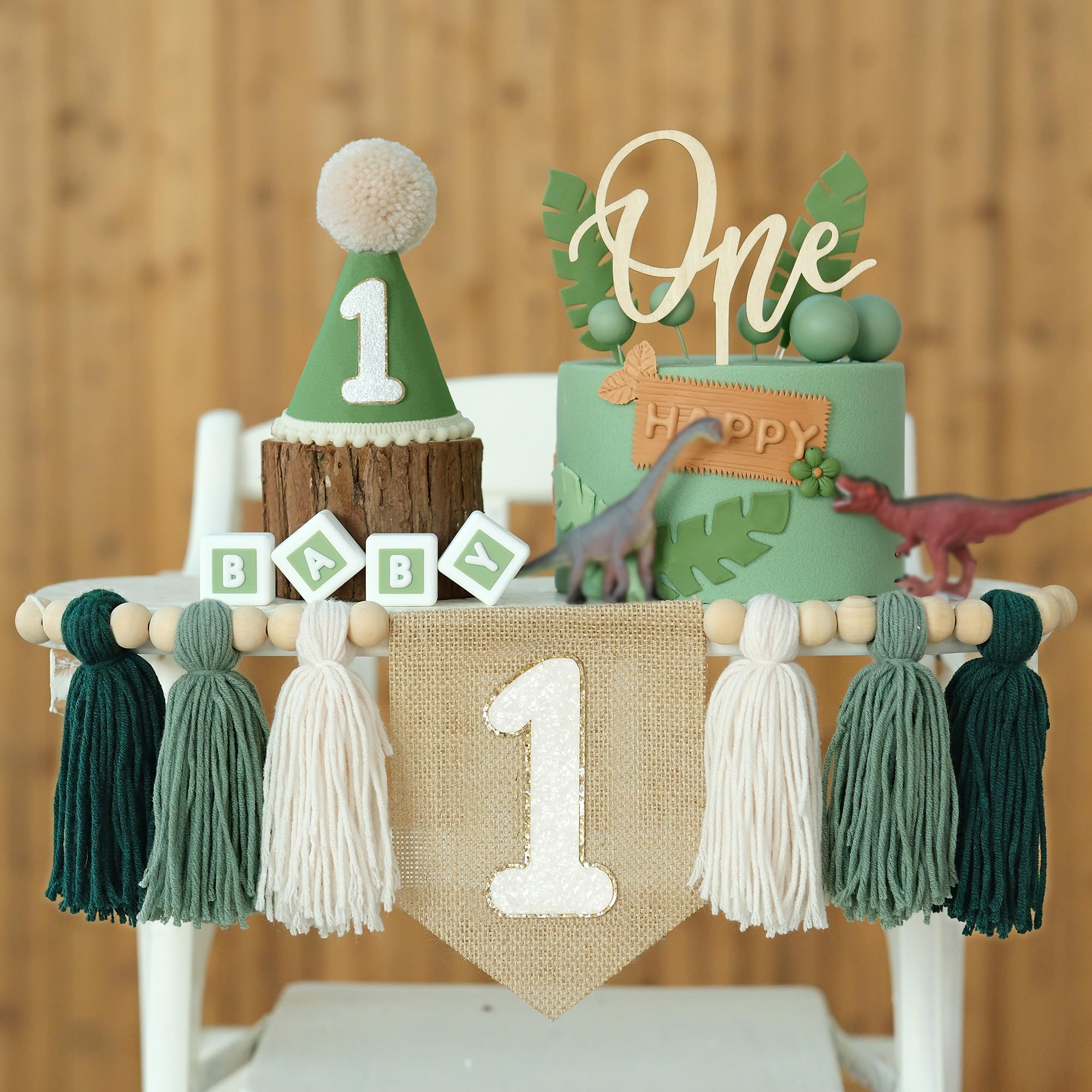 JUIIZAY First Birthday Party Decorations Green High Chair Banner No.1 Crown Cake Topper 1st Birthday Decor
