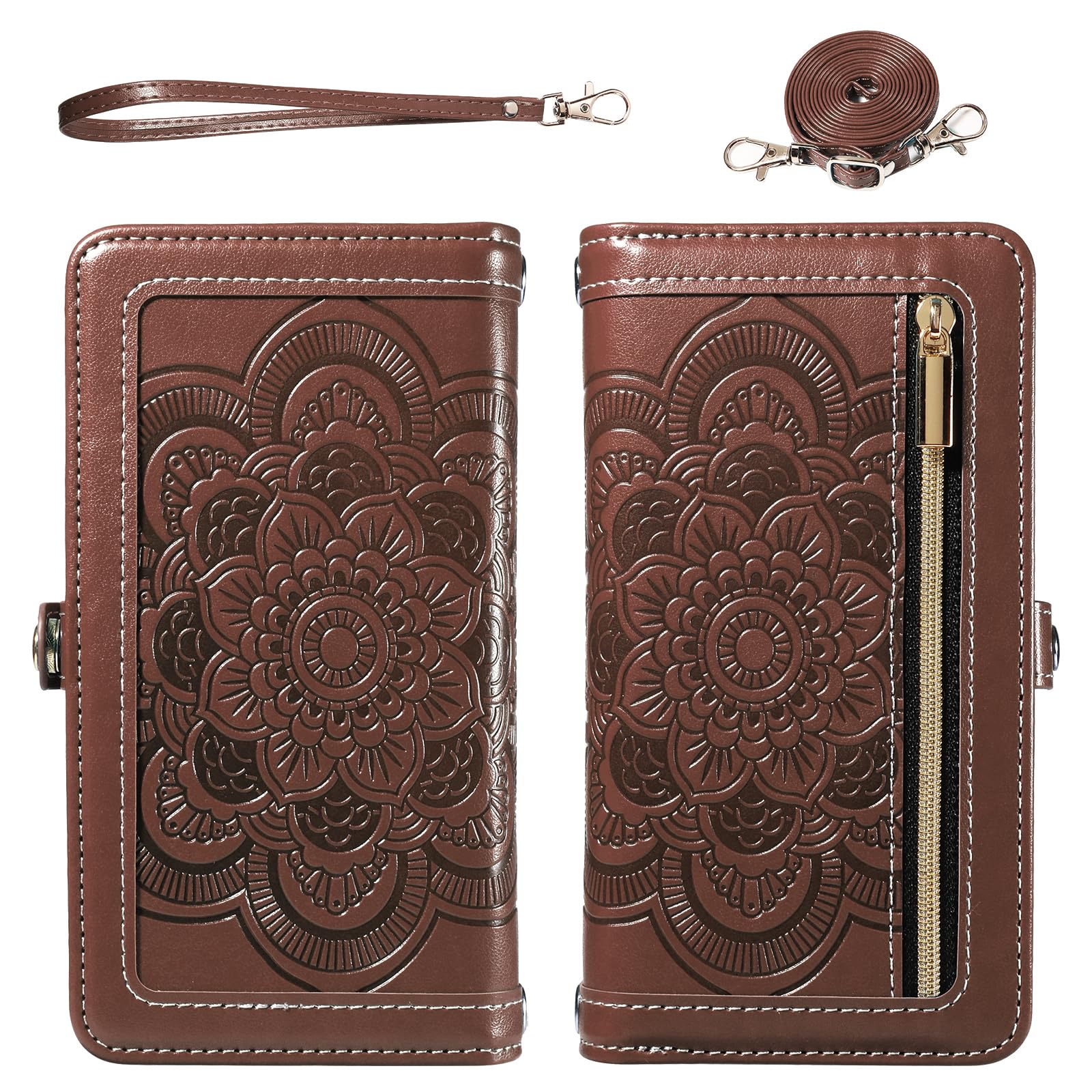 Asuwish Coque de téléphone pour Samsung Galaxy S21 Ultra 5G - Portefeuille à fermeture éclair amovible avec protecteur d'écran en verre trempé - Dragonne - Porte-cartes à fleurs - S21ultra 21S S 21