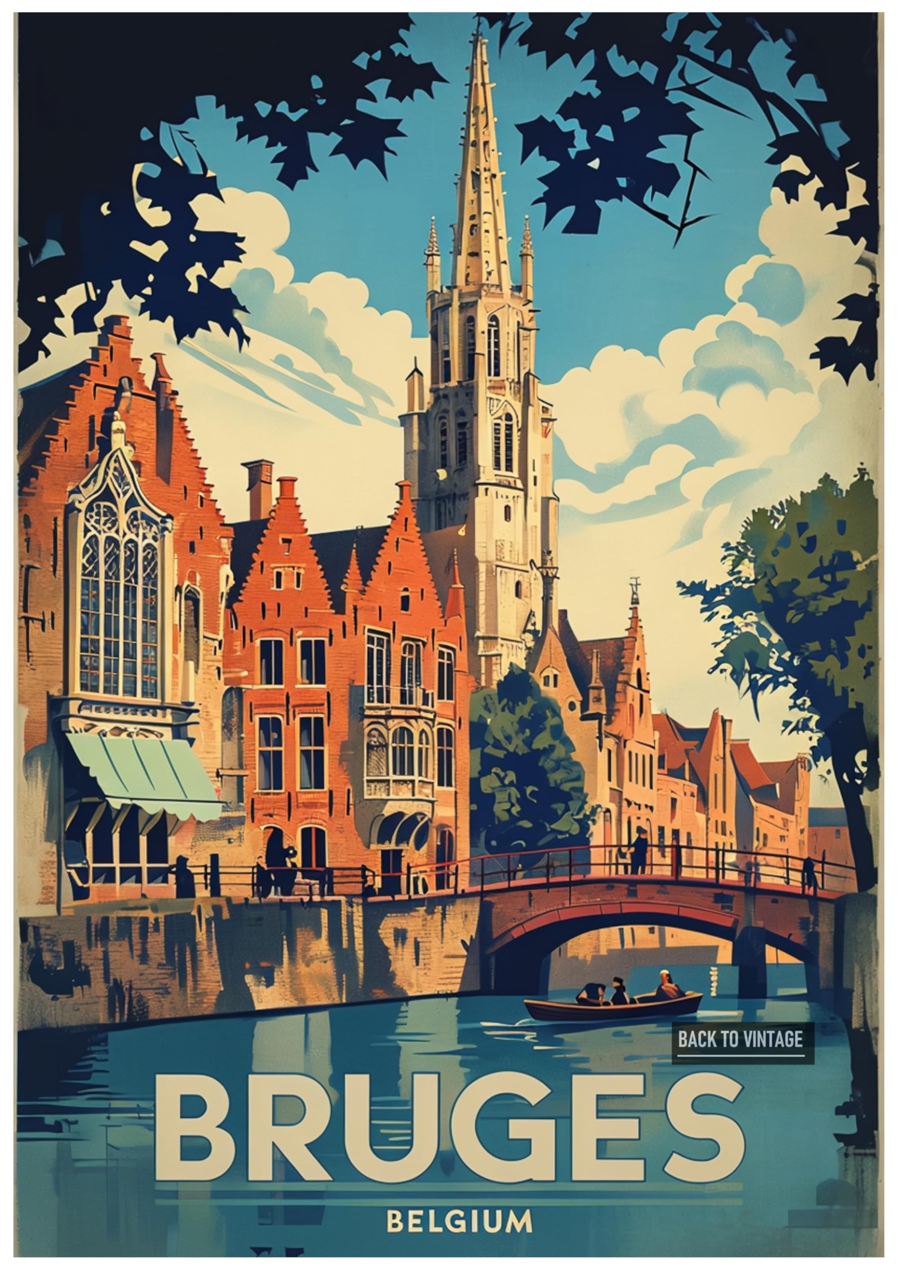 Vintage Travel Poster of Bruges City Showcasing Serene Canal Scene - Retro Europe Travel Poster A4 Size Vintage Wall Art Print of Famous European Destinations Ideal for Home or Office Decor