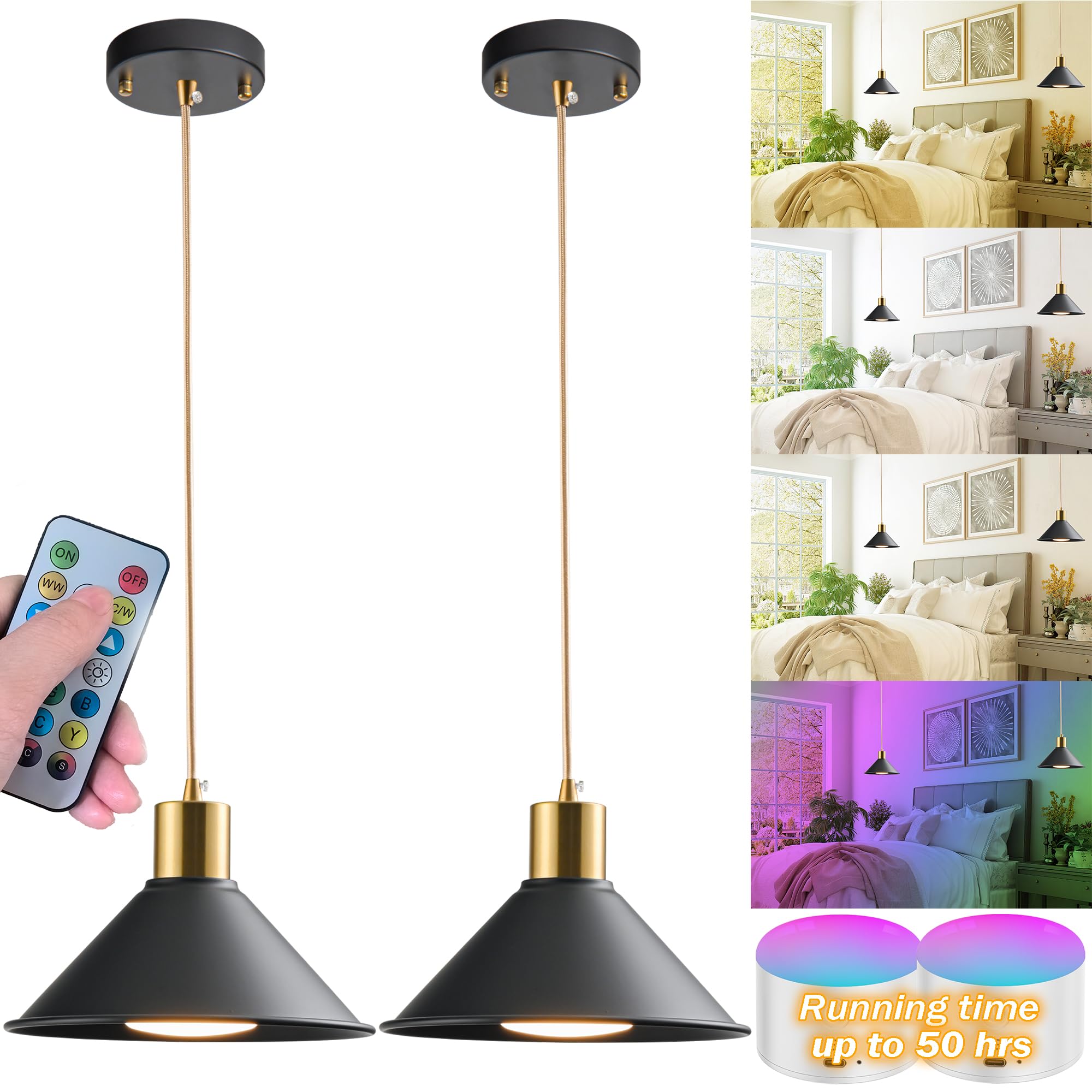 Photo 1 of 2 PACK Battery Operated Pendant Lights,Hanging Battery Light With 10000 mAh RGB Rechargeable Light Bulbs 50 hours Ultra-Long Battery Life,Black Ceiling Lights No Wiring with Remote For Kitchen Island