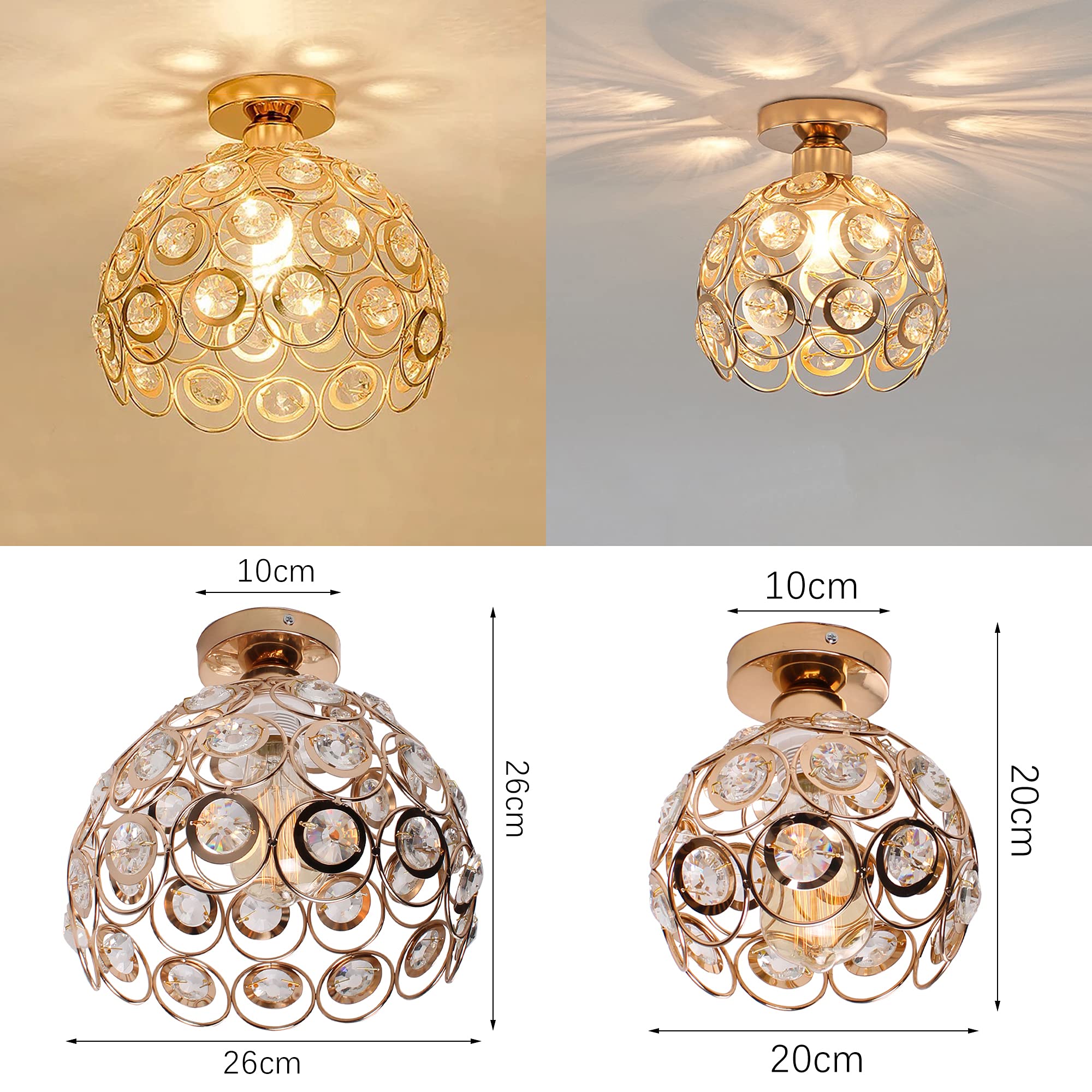 iDEGU Zestaw 2 nowoczesnych lamp sufitowych z kryształu i metalu, przemysłowa lampa wisząca E27, abażur, podświetlenie do sypialni, wejścia do korytarza, 20 cm (złoty)