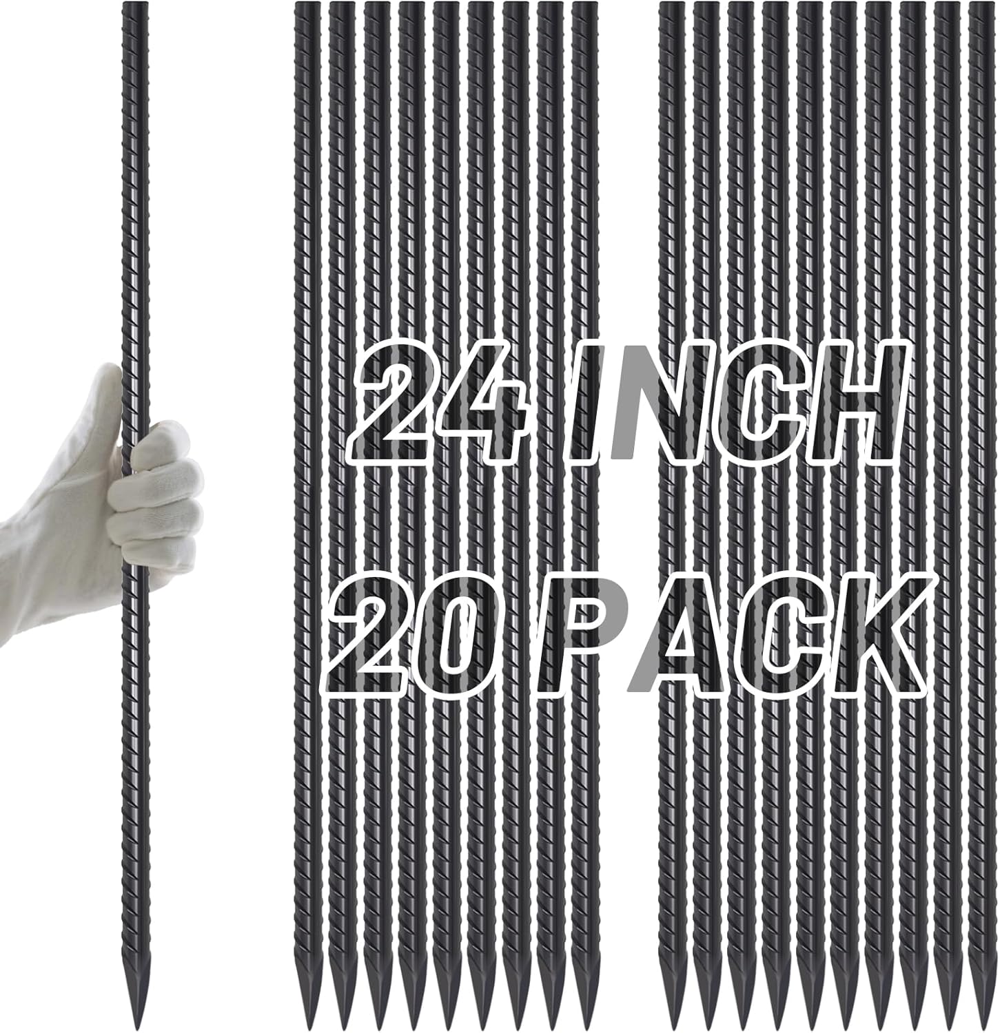 AAGUT Rebar Stakes 24 Inch Straight Garden Plant Stakes (20 pcs) 1/2" Thickness, Heavy Duty Metal Spikes for Concrete Forming, Landscape Timber, Fence, Ground Anchors with Chisel Point End, Black