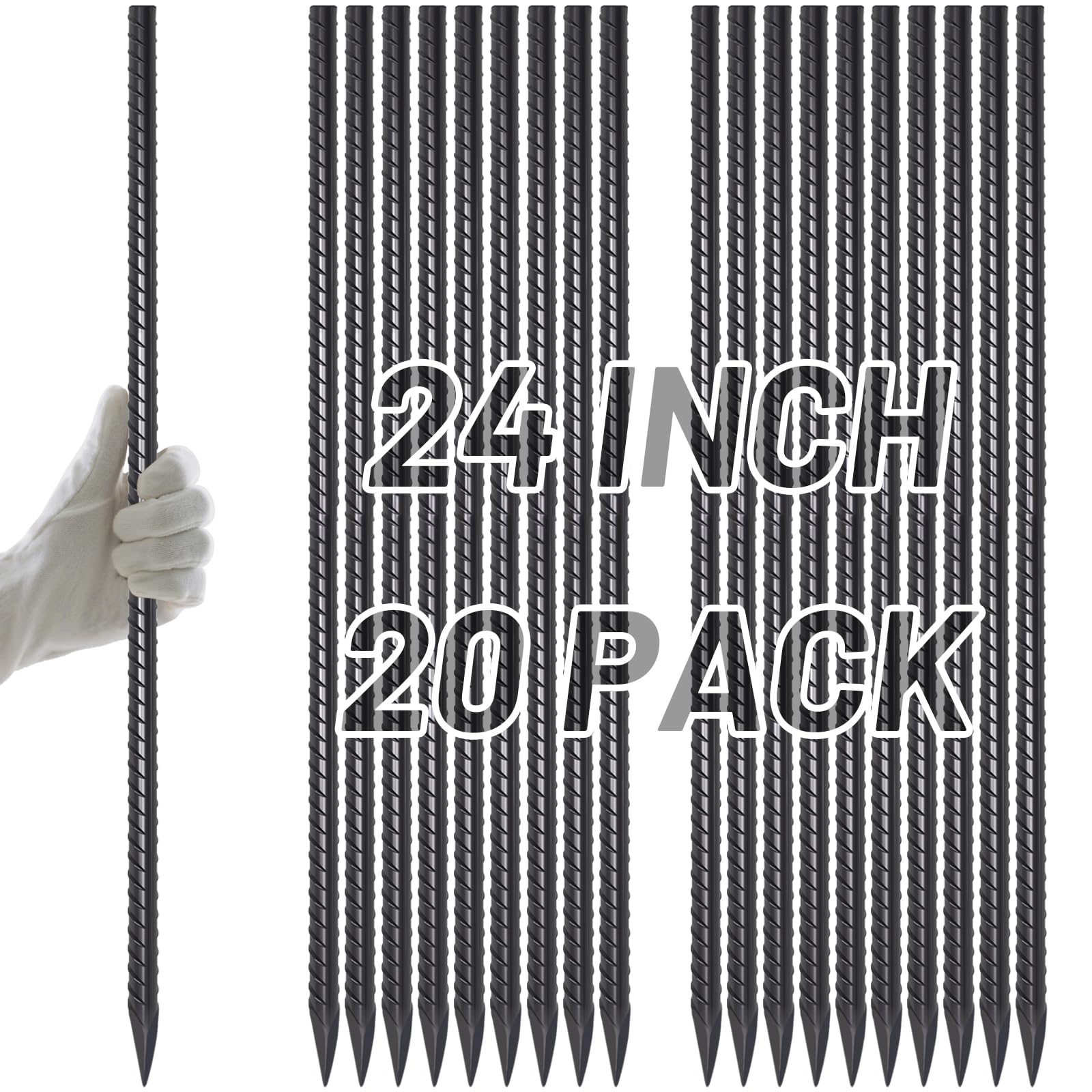 AAGUT Rebar Stakes 24 Inch Straight Garden Plant Stakes (20 pcs) 1/2" Thickness, Heavy Duty Metal Spikes for Concrete Forming, Landscape Timber, Fence, Ground Anchors with Chisel Point End, Black