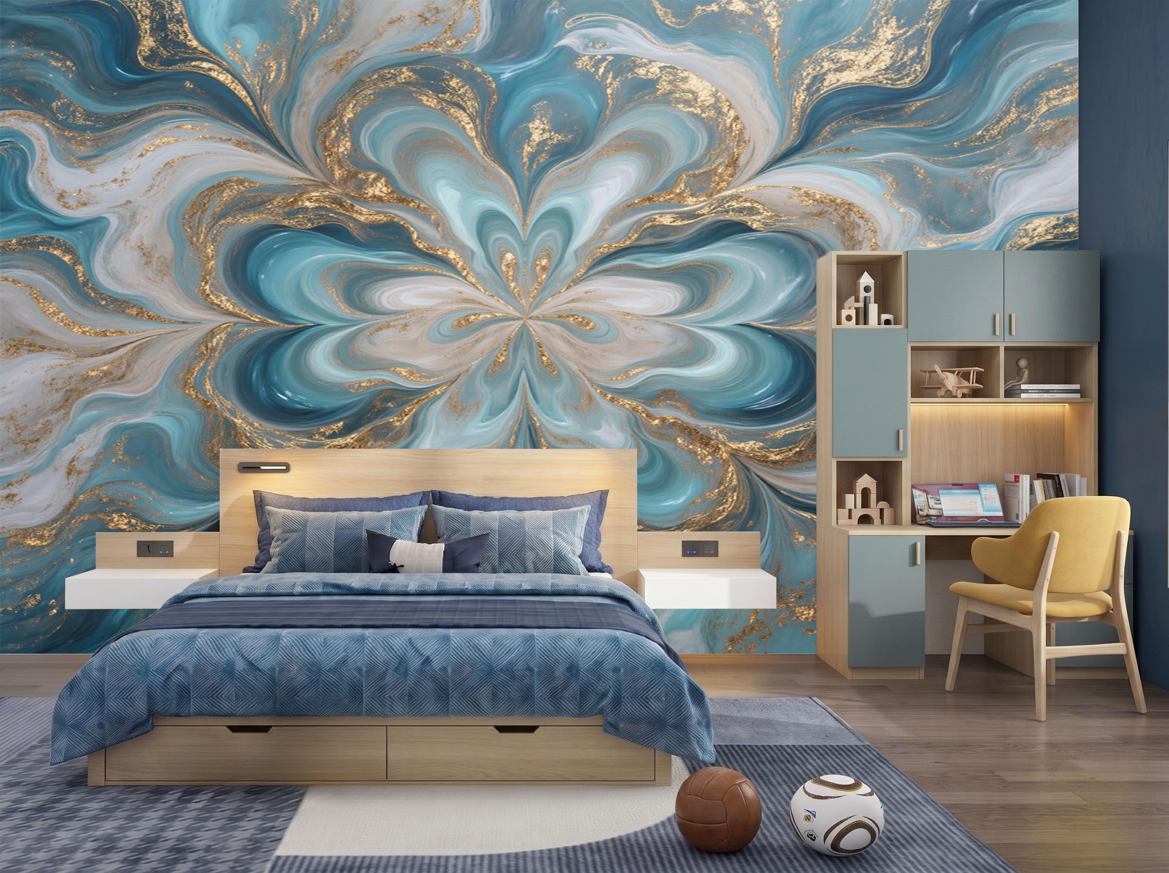 Papier peint panoramique lavable turquoise trèfle marbré 250x175cm pour fond TV et chambre