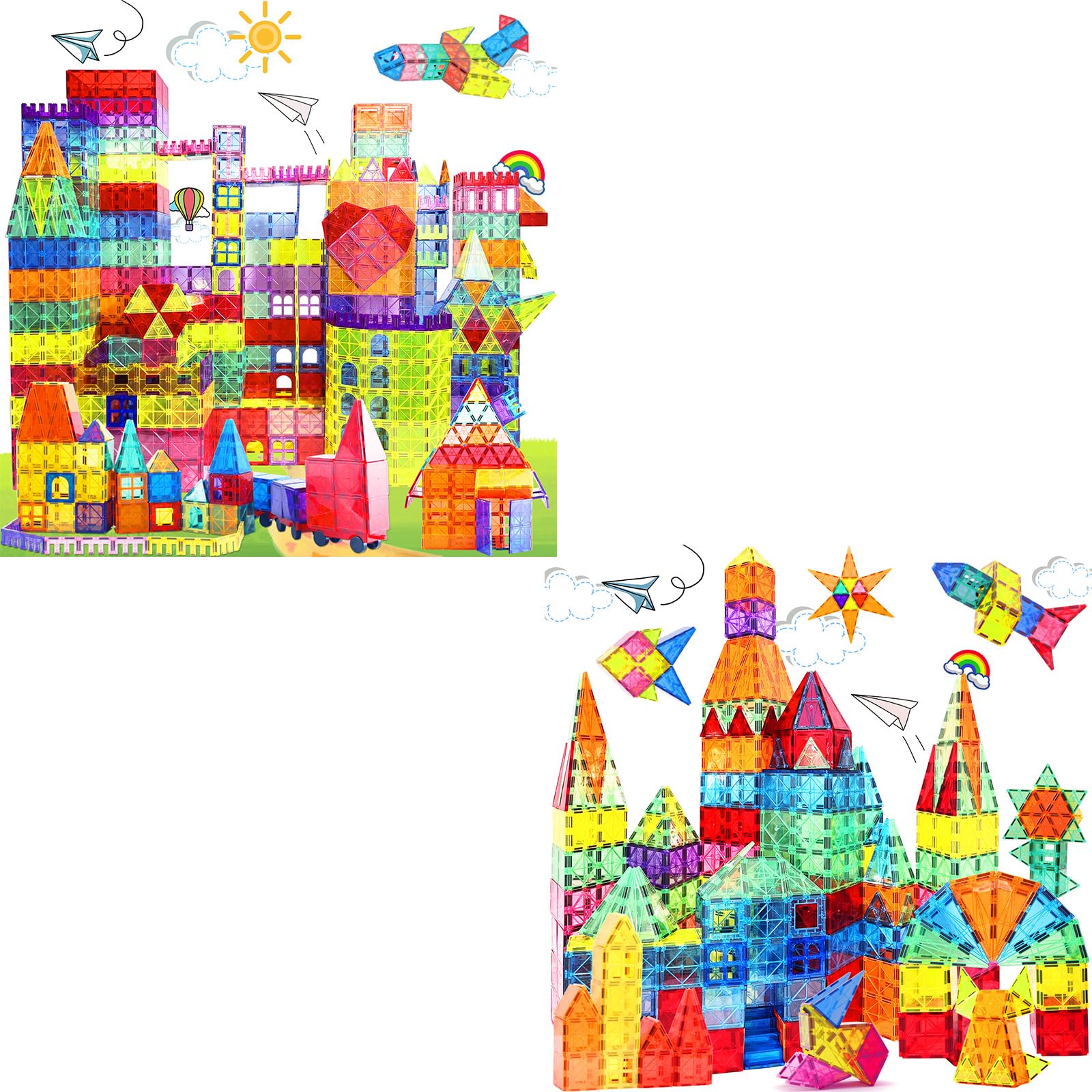 Magnetic Tiles - 100PCS+130PCS Magnetic Blocks for Kids, Magnet Tiles Building Blocks Set with 2 Cars, Construction STEM Magnet Toys Gift for Kids, Boys and Girls 3 4 5 6 7 8+ Year Old