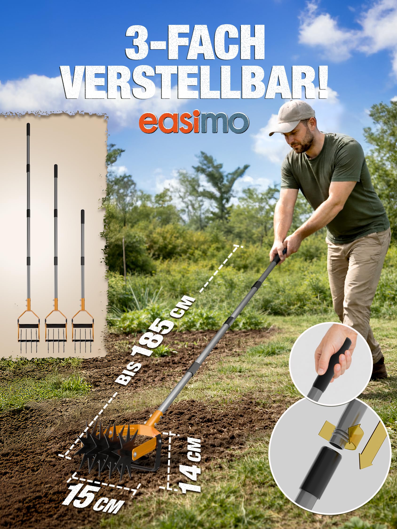 Rotationsgrubber Garten | Manueller Kultivator mit Sternrädern & Unkrautmesser | Verstellbarer Edelstahl Gartenfräse zur Bodenlockerung