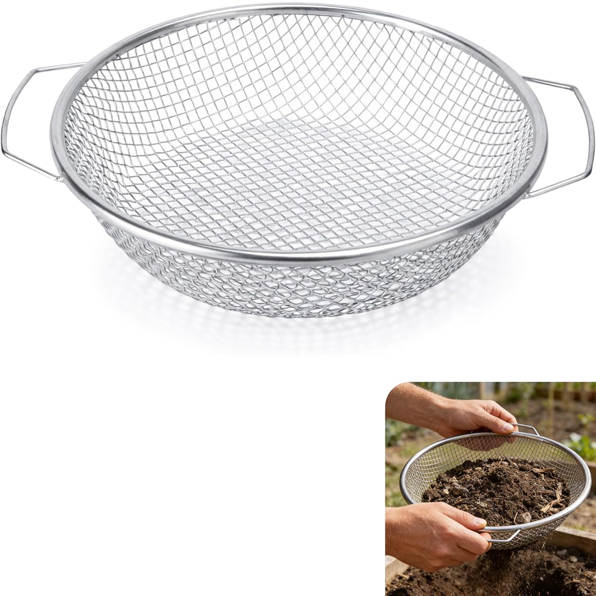Setaccio da Giardino per Terra con Maglia 6mm, Setaccio per Compost in Acciaio Inox, Vaglio per Sabbia e Sassi, Strumento Professionale per Giardinaggio