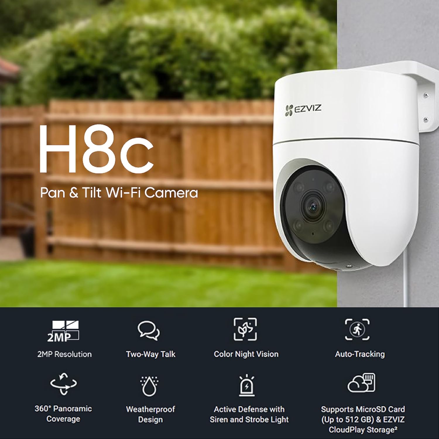 EZVIZ H8C Pan & Tilt Wi-Fi Camera mounted outdoors, with icons illustrating its features: 2MP resolution, two-way talk, color night vision, auto-tracking, 360-degree panoramic coverage, weatherproof design, active defense with siren and strobe light, and support for MicroSD card and CloudPlay storage.