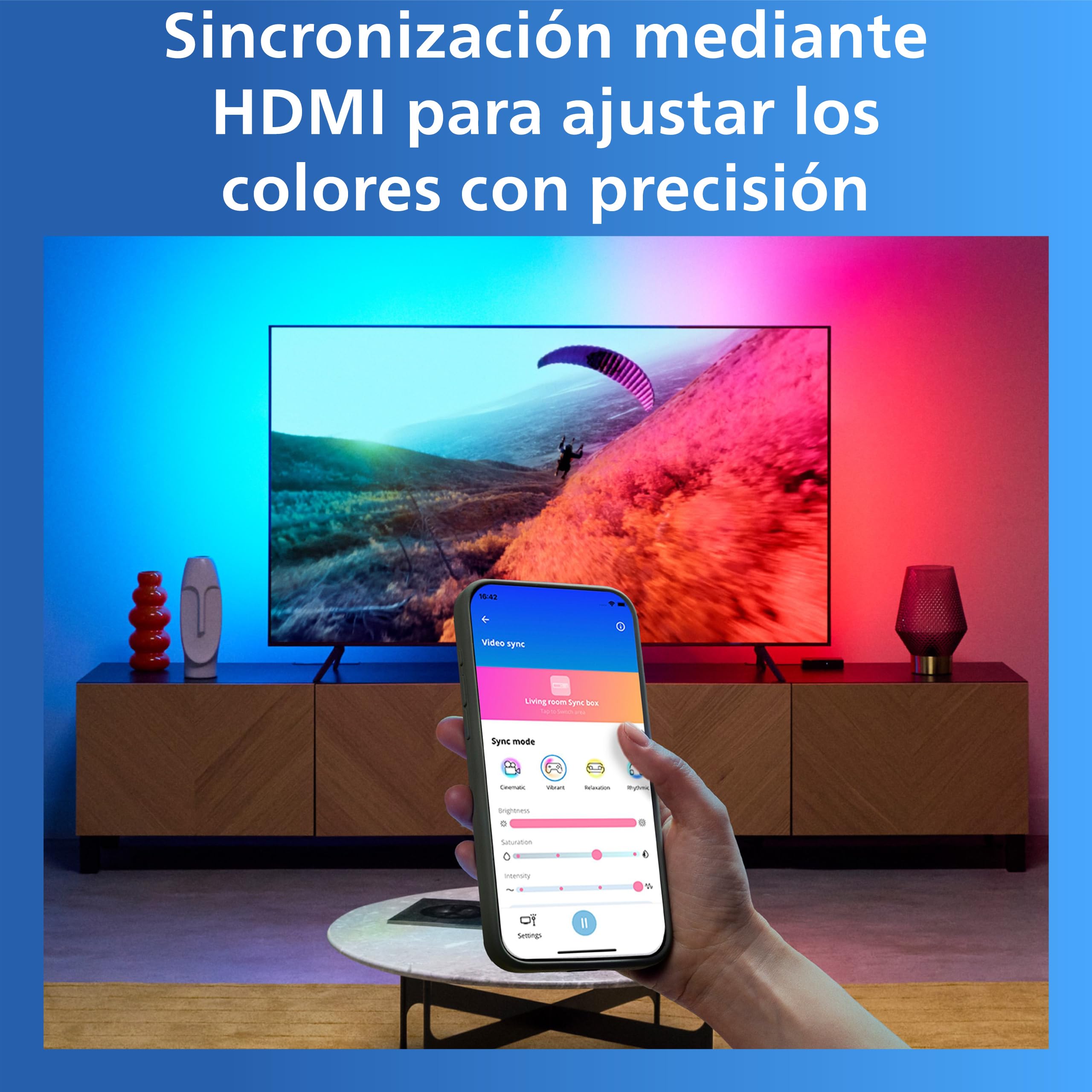 Philips Smart Lighting HDMI Sync Box with TV Backlight, RGBIC LED Strip for 55-65" TV, Sync with Movies, Music, HDMI 2.0, 4K at 60Hz, Connected by WiZ, Requires External Video Source