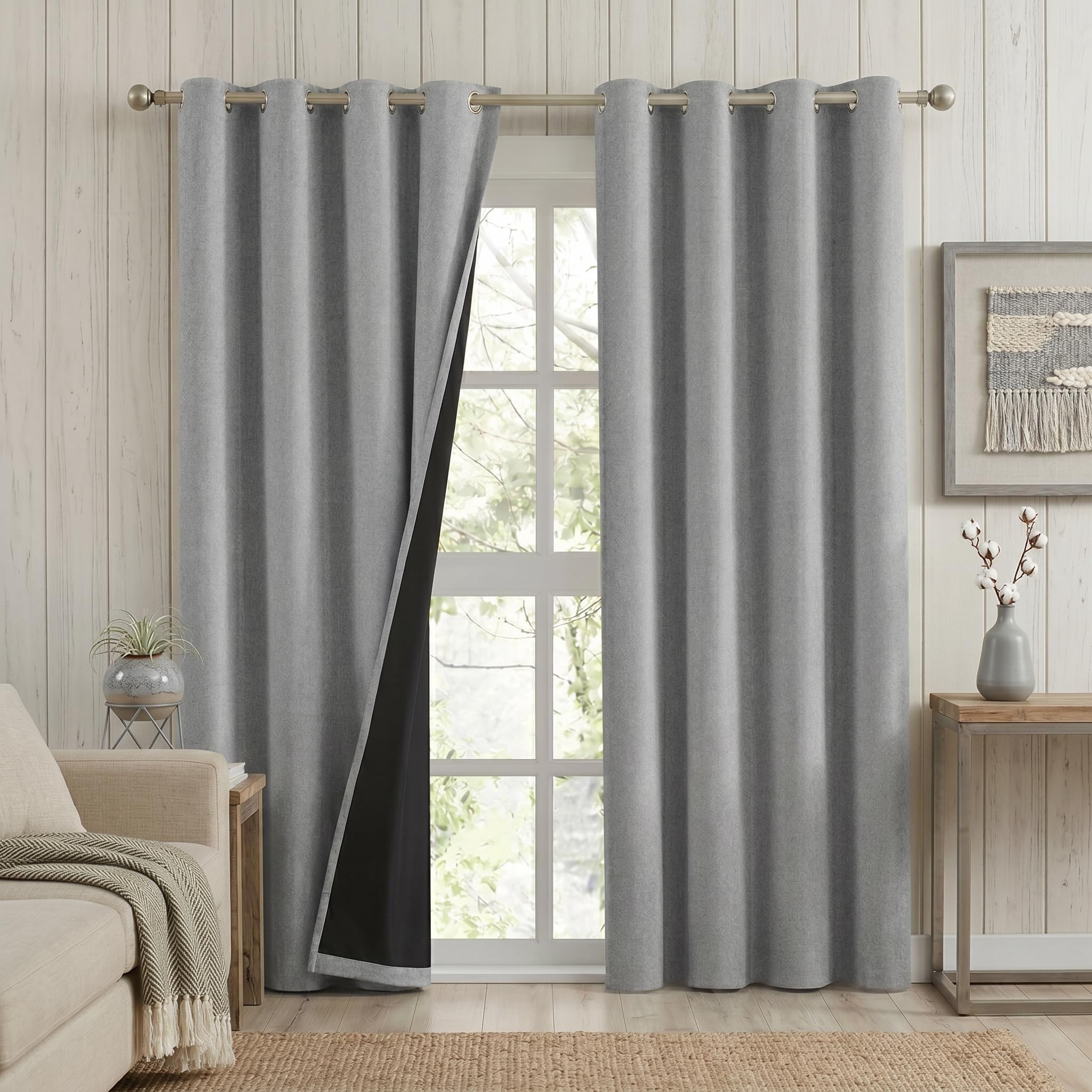 Melodieux Rideaux 100 % occultants – Rideaux à isolation thermique texturée en lin avec revers noir à 3 couches et œillets de 4,1 cm, 132 x 160 cm pour chambre/salon (gris, 2 panneaux)