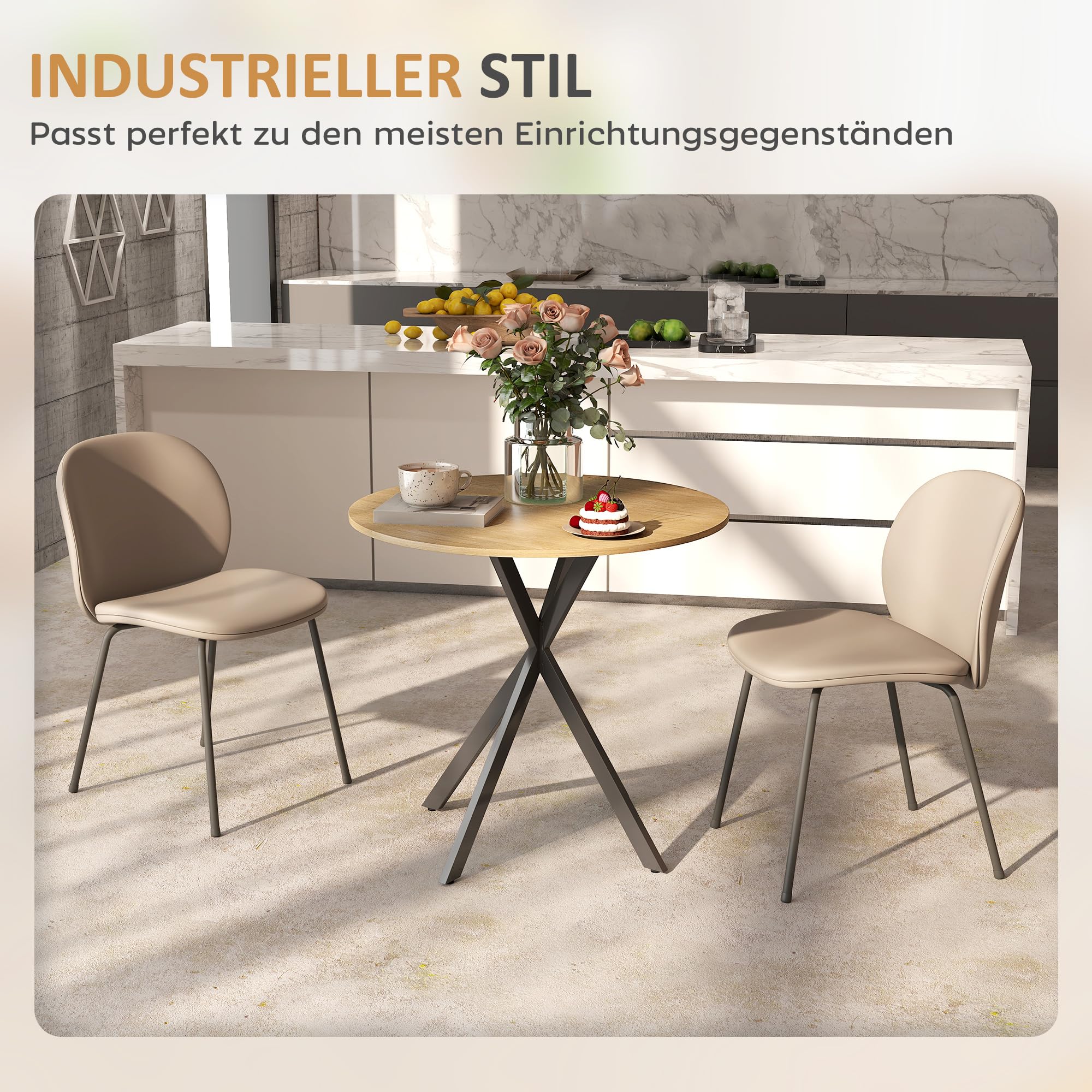 HOMCOM Runder Esstisch für 2 Personen, Ø80 cm Küchentisch im Industriestil mit Stahlbeinen, für Esszimmer, Küche, Homeoffice, Eiche