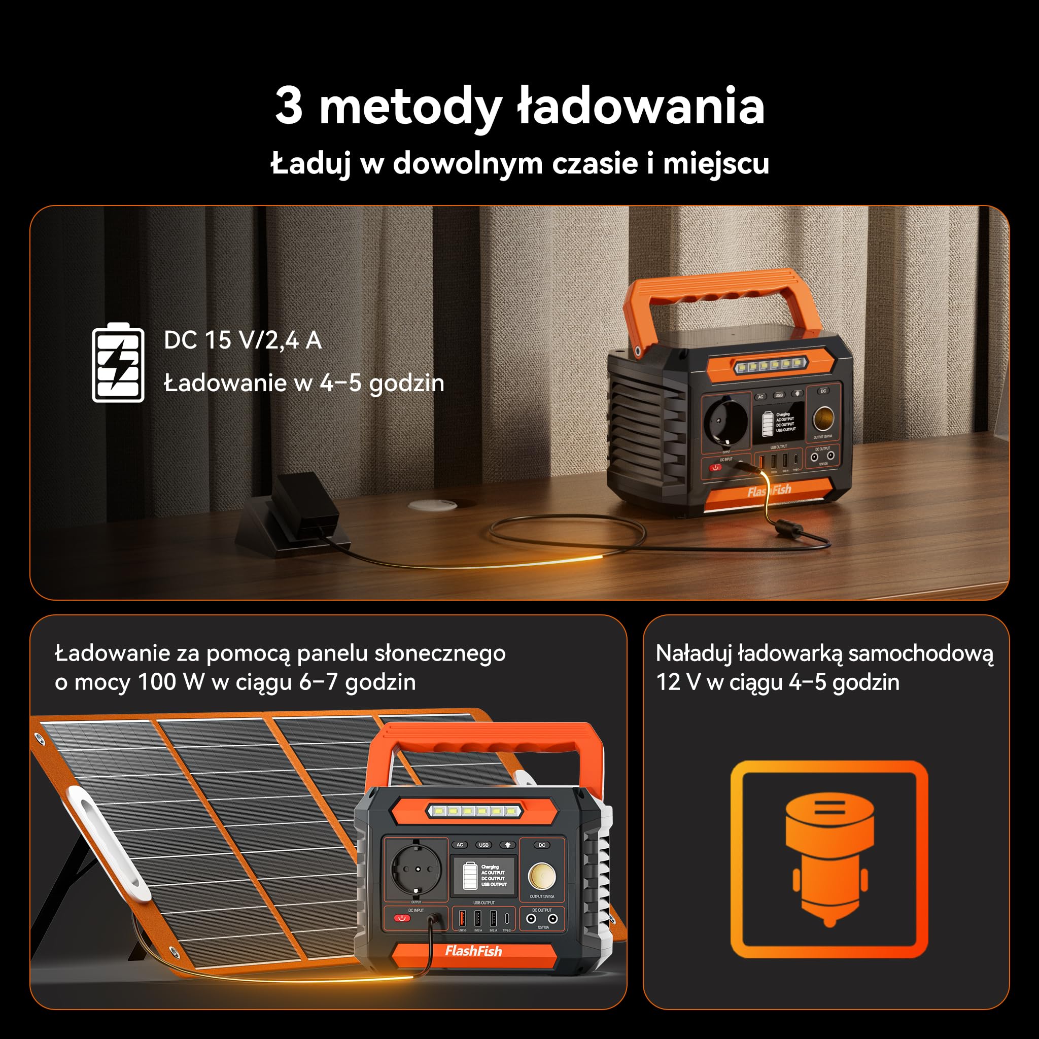 FlashFish P66A Przenośna elektrownia 144,3 Wh, generator słoneczny 200W z zasilaniem 230V AC/DC/USB/typ C/światłami LED, akumulator do generatora energii na kemping, w podróż i do zasilania awaryjnego