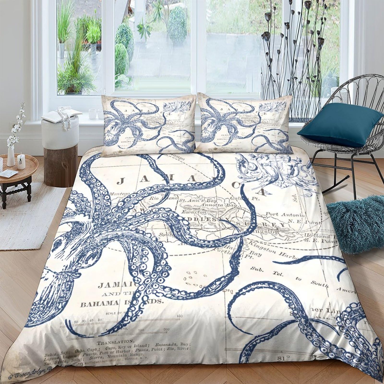 Ctjqhvkz Style-10 3D Printed Octopus Nautical Fitted Sheet Microfiber Soft Mattress Cover Blue Ocean Map Design For Bedroom Guest Room Decor Single（135X200cm）