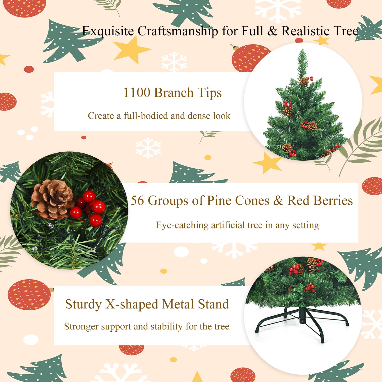 LIFEZEAL Sapin de Noël 195 cm, Arbre de Noël Artificiel avec 450 LED, 1100 Branches, 56 Baies, 56 Pommes de Pin, PVC Épais Ignifugé, Base en Métal, Décoration Intérieure et Extérieure