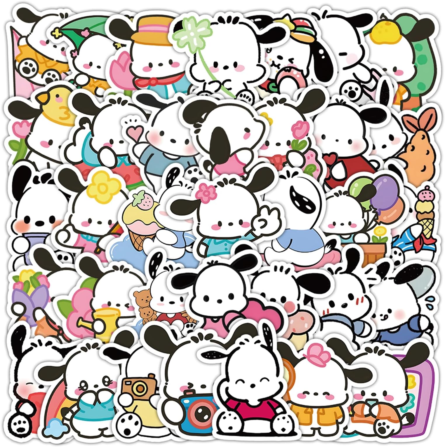 Mozoltov 50Pcs Cartoon Cute Pochacco PET Transparent Stickers Pack Decal for Water Bottles Cup Laptop Phone Guitar Car Bike,Kid/Teen Gift JKT