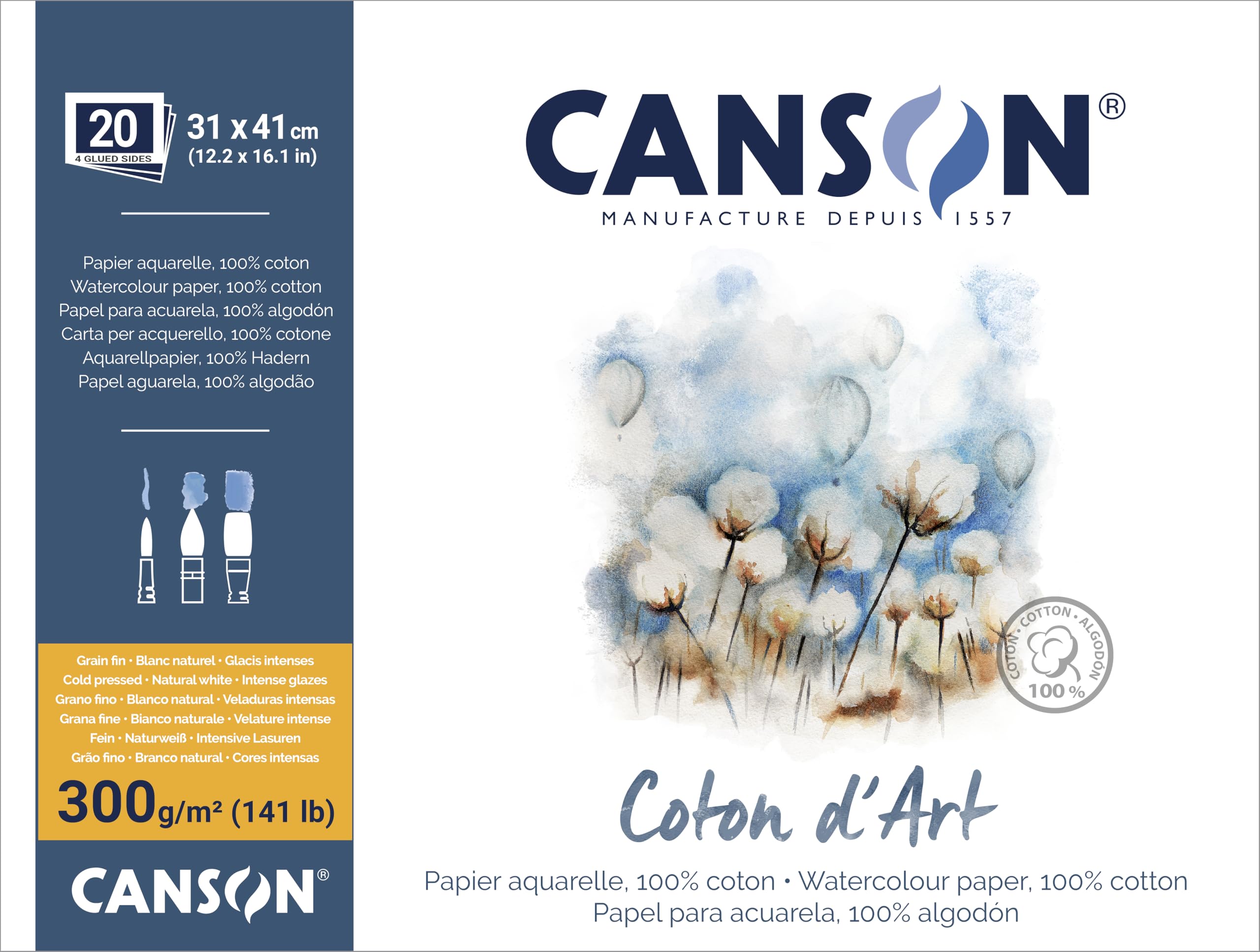 CANSON Coton d'Art - Bloc collé 4 côtés 20 feuilles 31x41cm 300gm2 grain fin