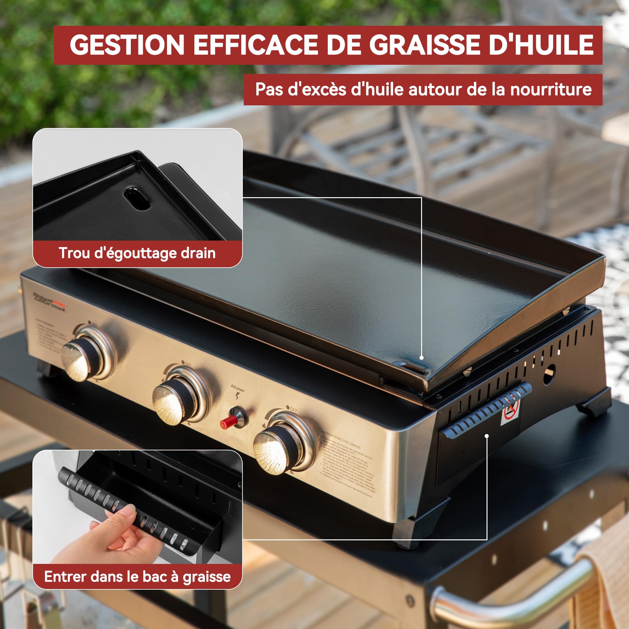Royal Gourmet Gasplatte aus emailliertem Stahl, 3 Brenner, Leistung 7,5 kW, Kochfläche 62,0 x 35,5 cm, tragbar für Camping und Outdoor