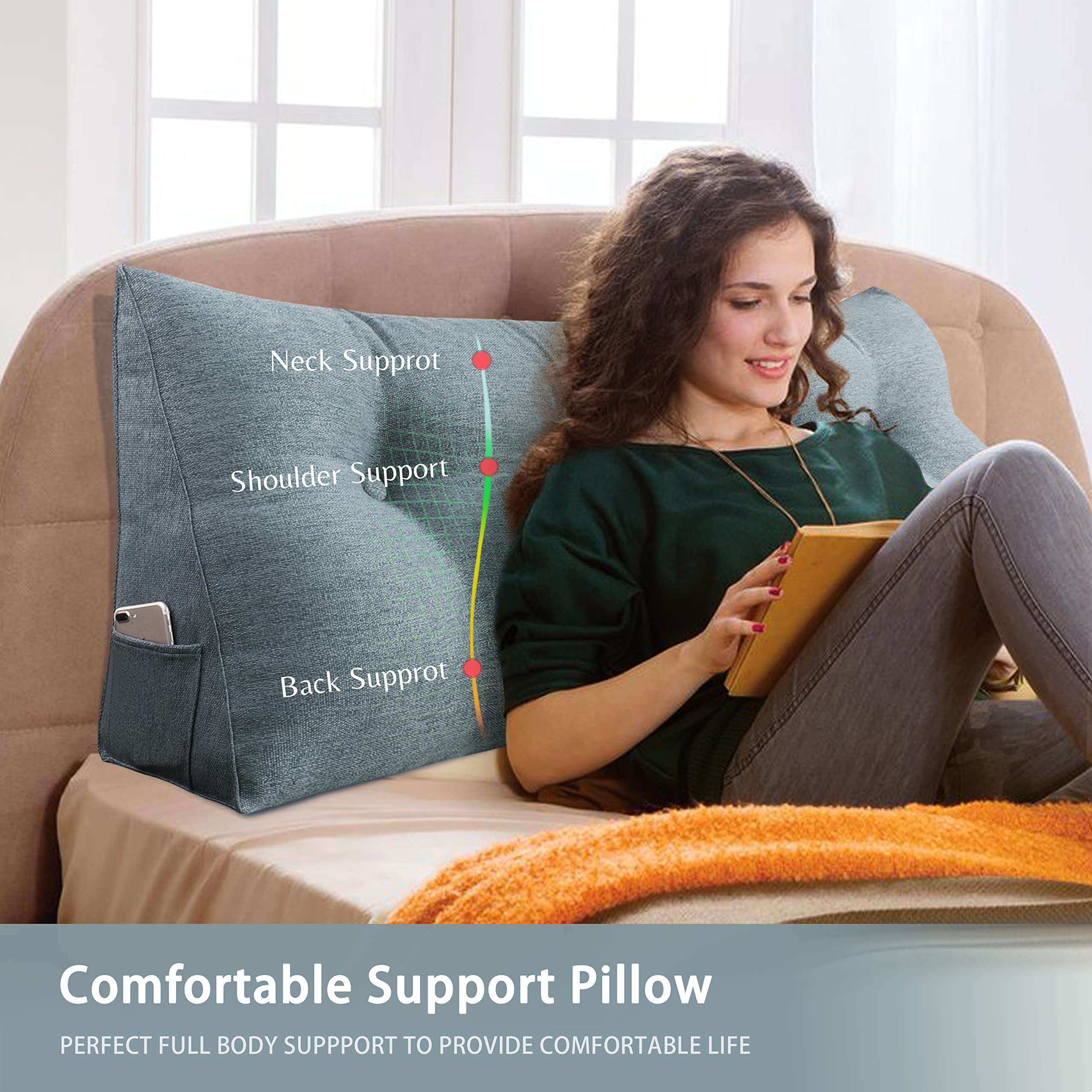 VERCART Triangular Headboard Wedge Pillow Daybed Pillows Bed Headboard Pillow Wedge Bed Rest Reading Pillow Gap Filler Triangle Back Cushion Lumbar Positioning Upholstered Linen Grey King