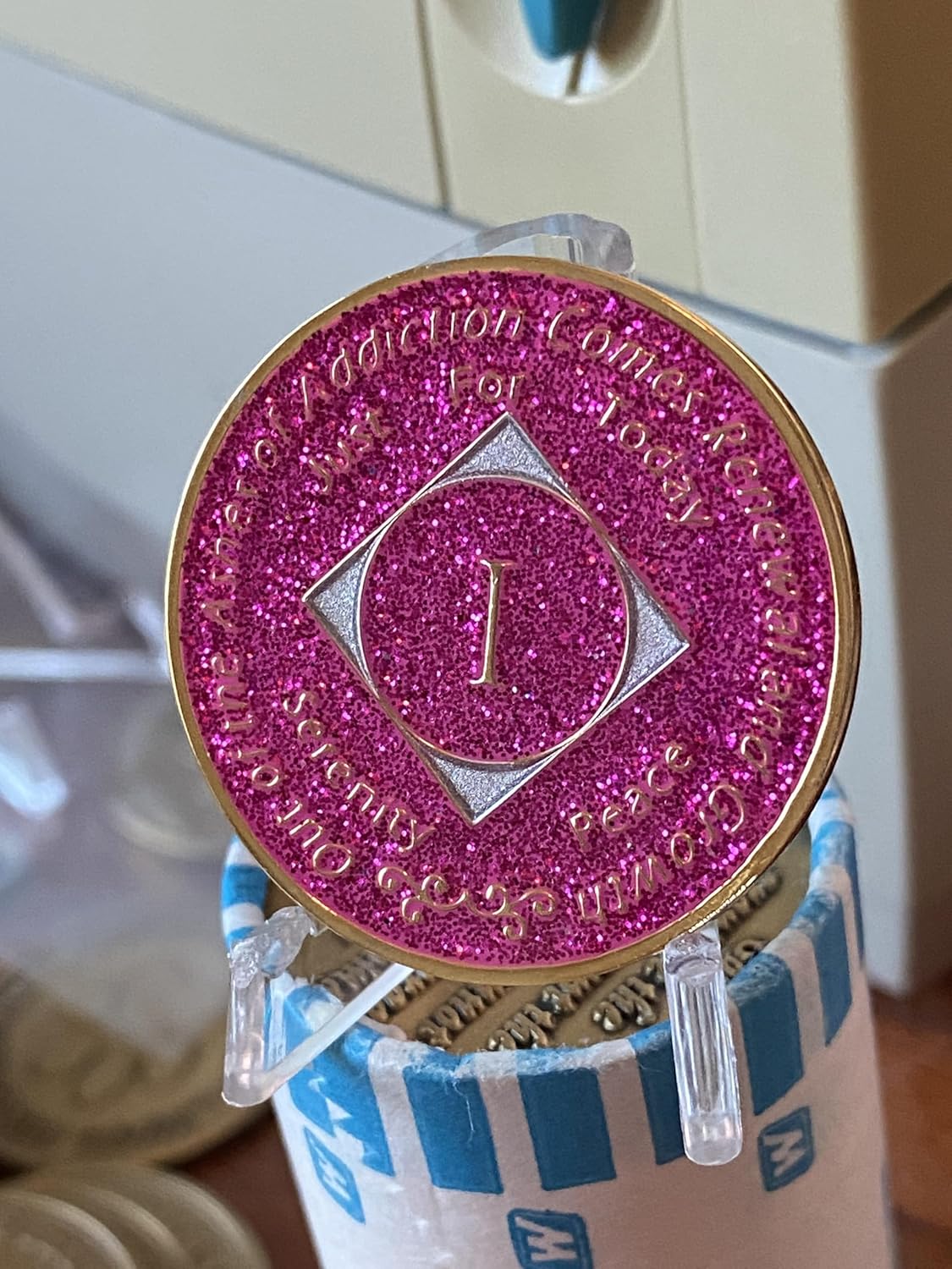 20 Year NA Style Clean Time Chip Pink Glitter Tri-Plate Sobriety Chip