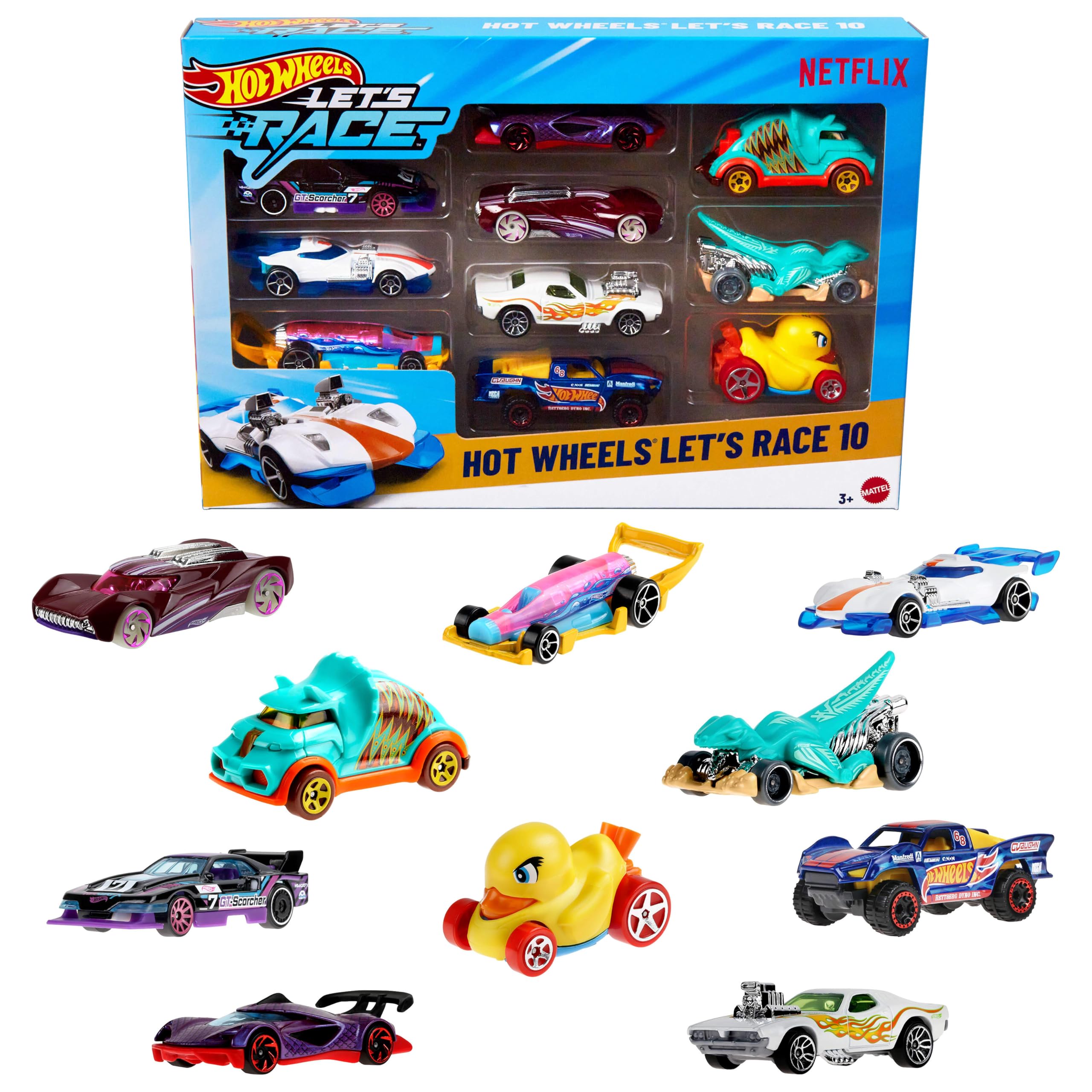 Hot Wheels Let’s Race – Na start! Zestaw 10 samochodzików w skali 1:64 z animowanego serialu Netflixa, do zabawy i kolekcjonowania (zawartość zestawów może się różnić), JGN40