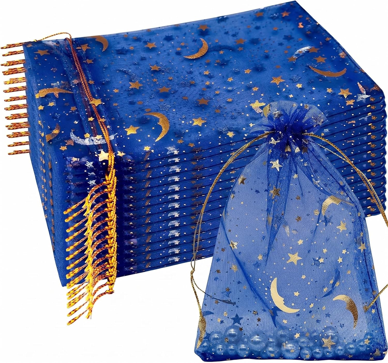 Woreczki z organzy 9 x 12 cm królewski błękit ze złotym nadrukiem małe woreczki do napełniania na biżuterię prezenty dla gości i wesele woreczek z organzy ze sznurkiem woreczek na biżuterię