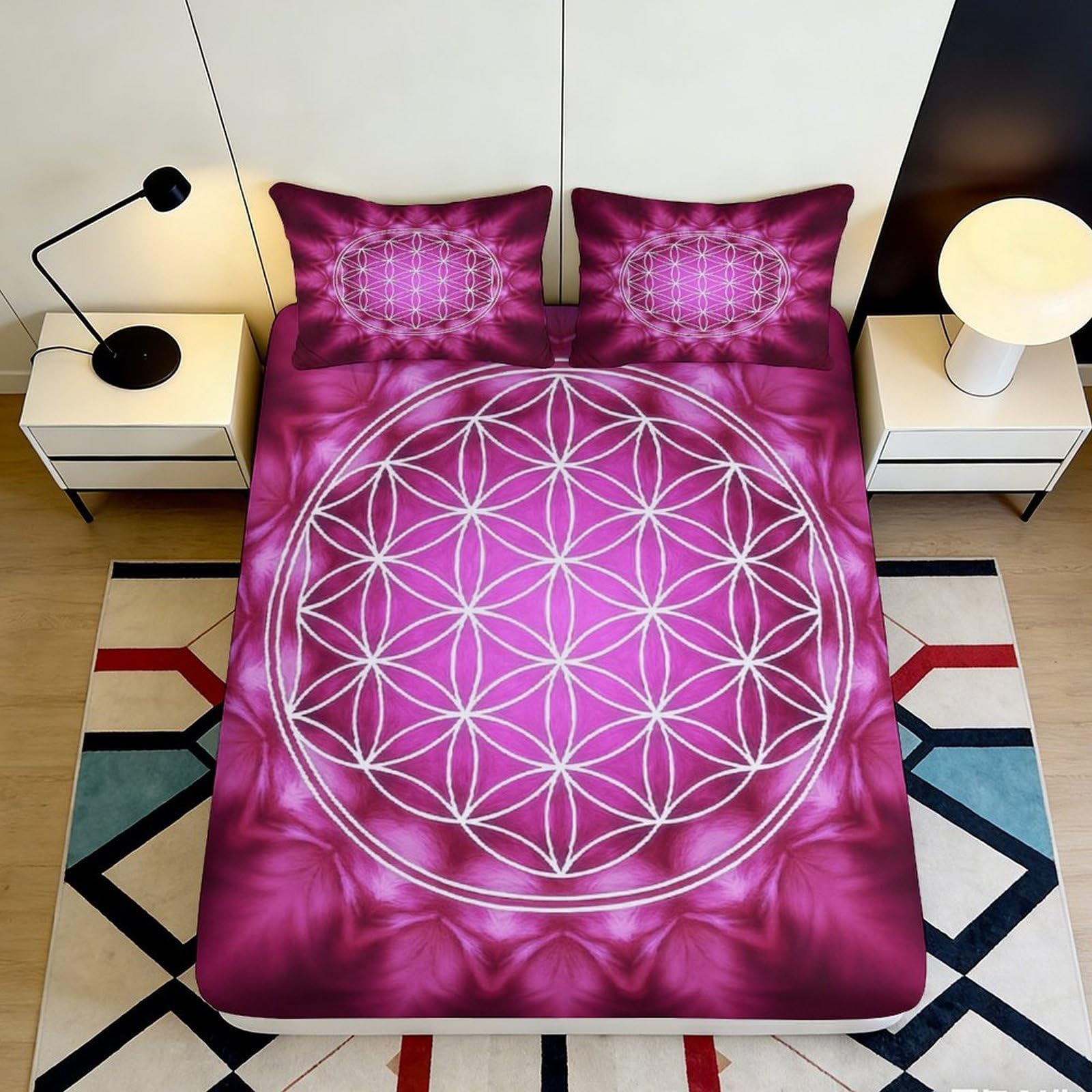 3D Printed Geometric Mandala Fitted Sheet Microfiber Soft Pink Sacred Flower Mattress Cover for Bedroom Dorm Decor 90x200x25cm
