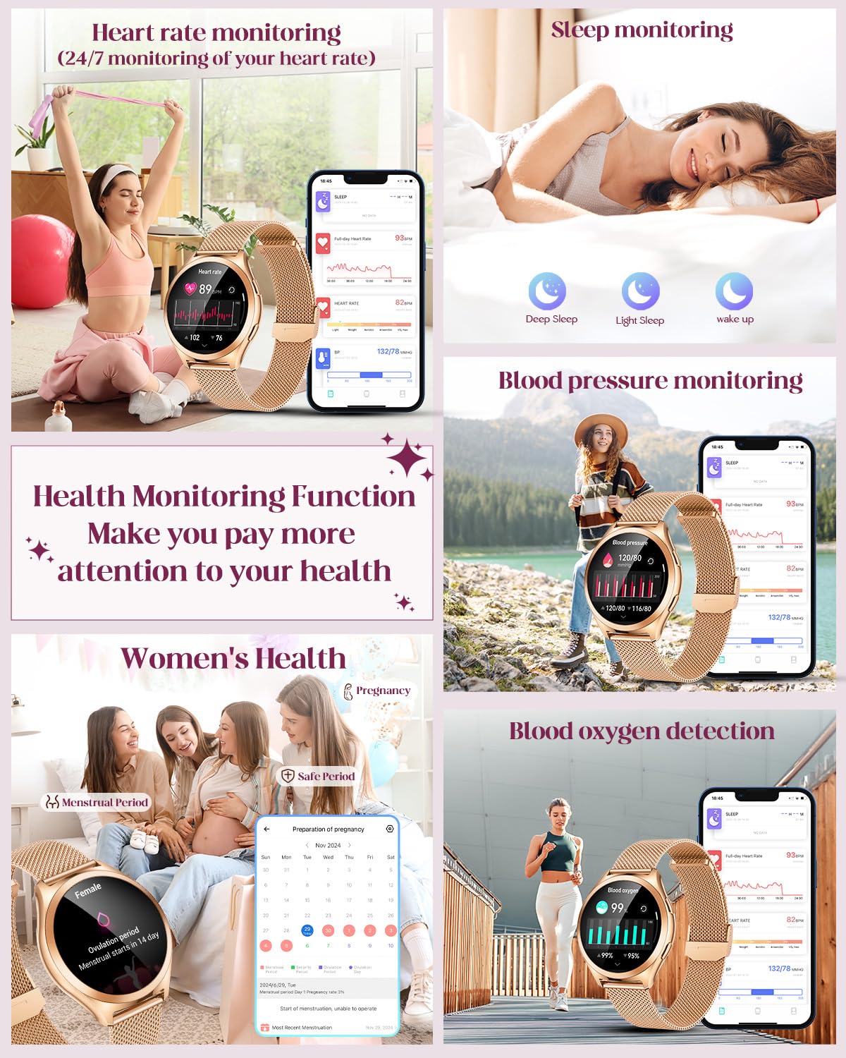 Montre Connectée Femme Smartwatch Sport: 1.27''avec Appel Bluetooth Fonction Féminine Fréquence Cardiaque SpO2 Moniteur de Sommeil 110+ Mode Multisports IP68 Podomètre Fitness Tracker pour Android iOS