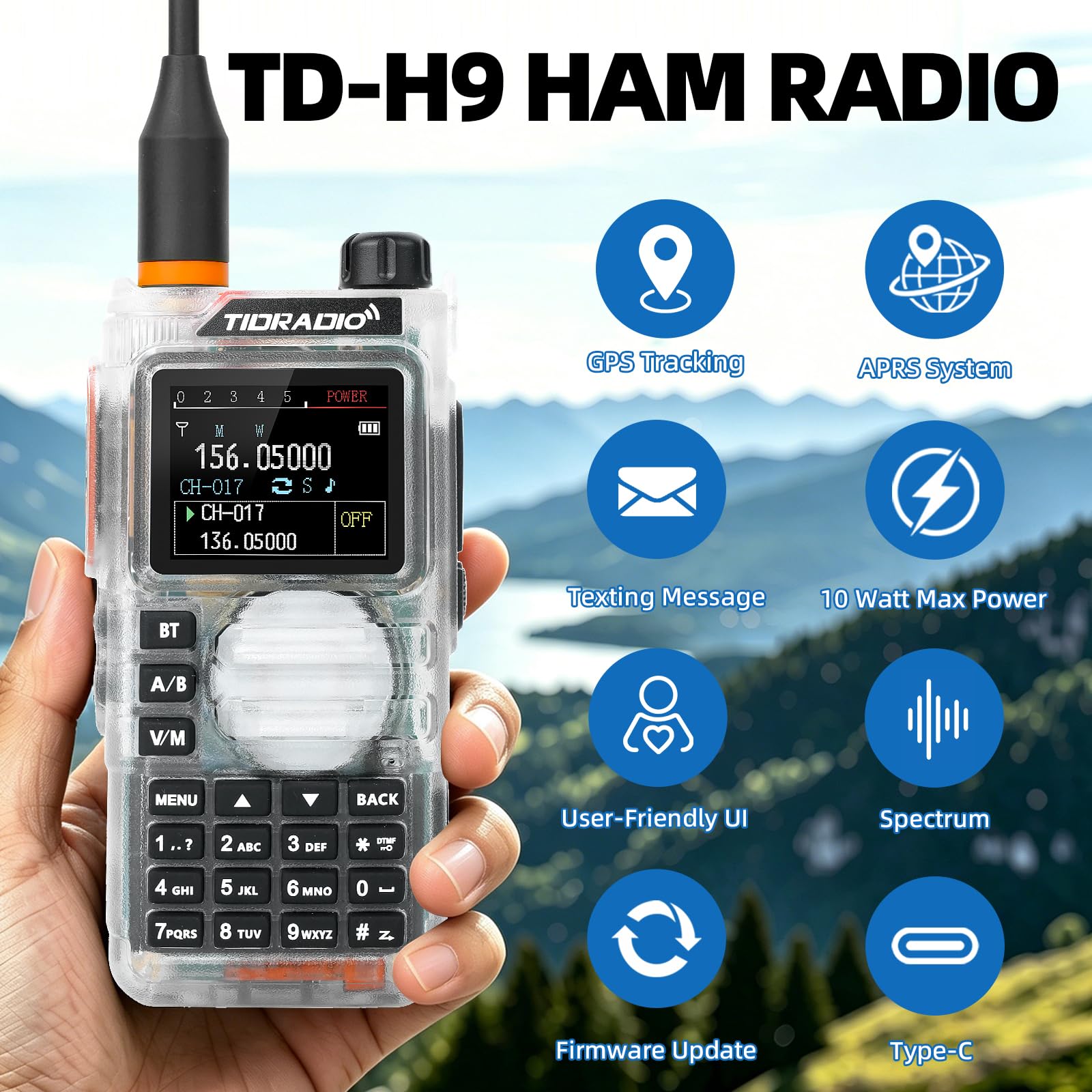 TIDRADIO TD-H9 Walkie Talkie, funkgerät, 10 Watt, GPS, APRS, Spektrumanalyse, SMS, Bluetooth-Programmierung, Web-Upgrade, NOAA, USB-C-Akku, Funkgerät für Erwachsene mit hoher Reichweite –Weiß