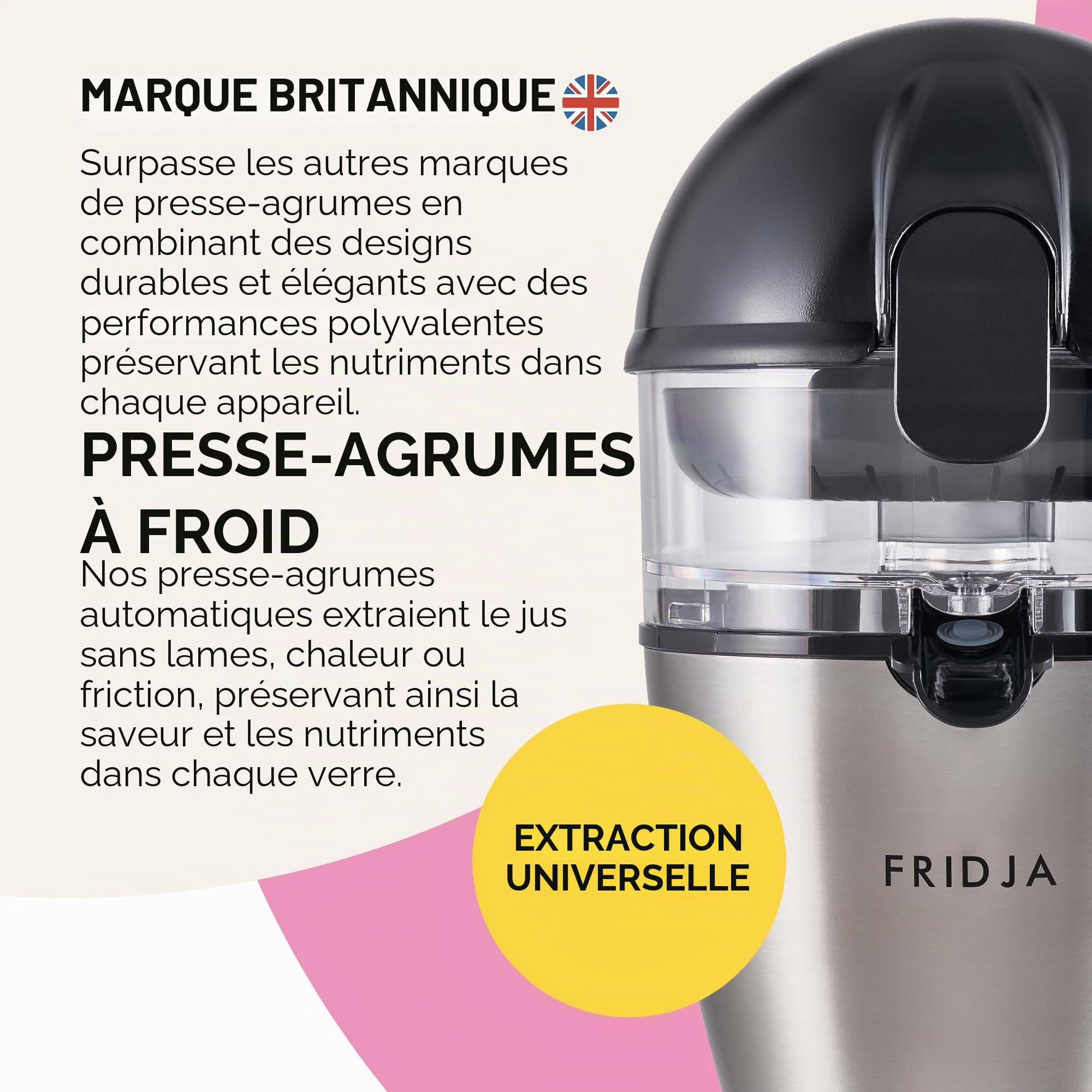 Fridja f900 Presse-agrumes automatique (un bouton pour fonctionner) sans déversement, sans éclaboussures, facile à nettoyer, presse-agrumes orange et pamplemousse pour jus fraîchement pressé, en acier