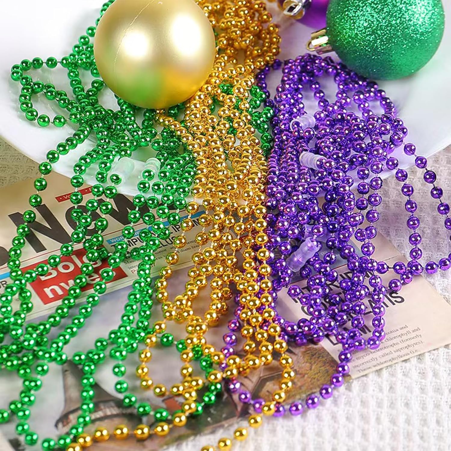 Chris.W 24Pcs Mardi Gras Beads Necklaces Bulk, Green Purple Gold Metallic Party Beads 33" Round Throws Beads Necklaces for Carnival Parade, Festival Decor, Party Accessories and Favors - Image 6